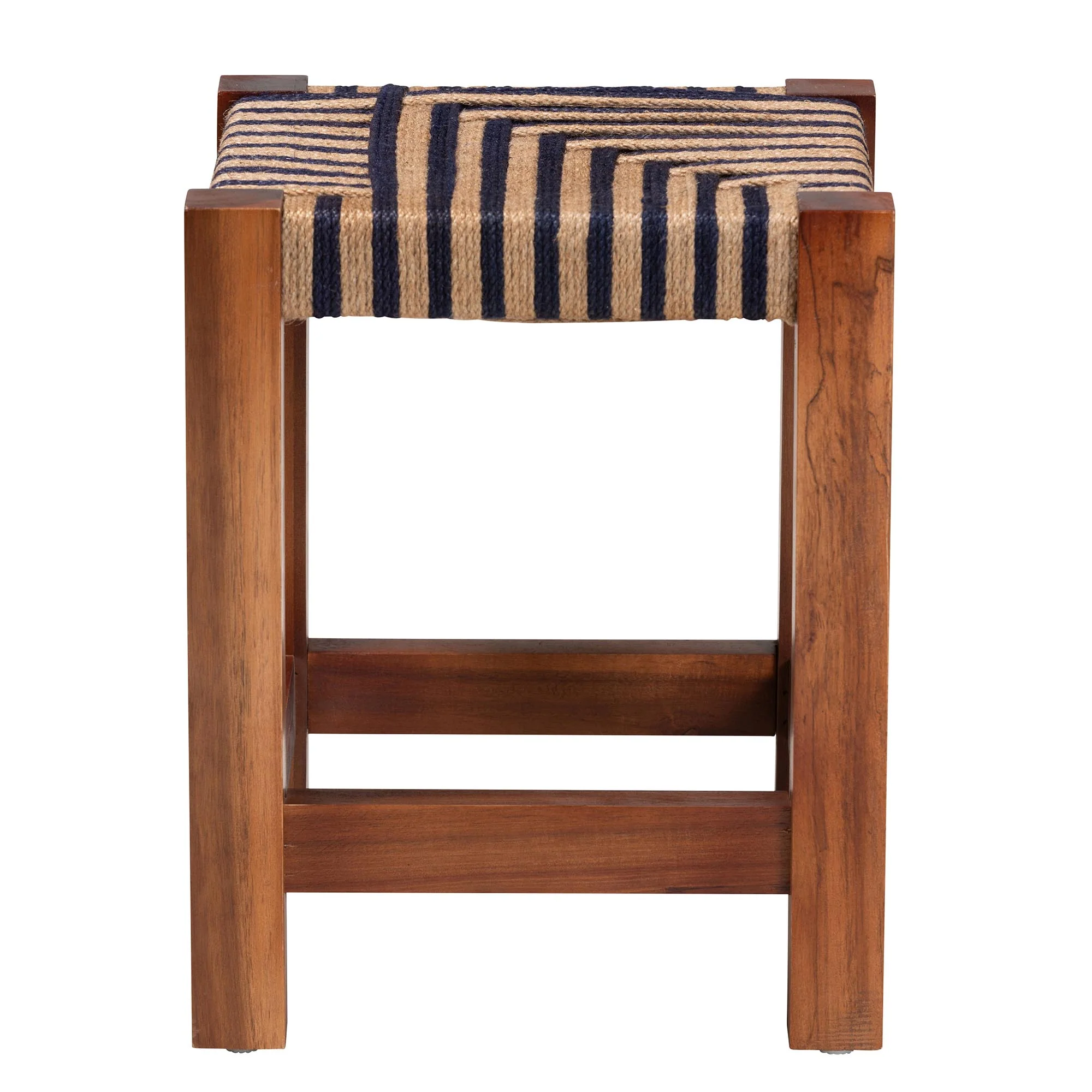 Baxton Studio bali & pari Kailas Modern Bohemian Two-Tone Navy Blue and Natural Brown Seagrass and Natural Brown Acacia Wood Footstool - Image 3
