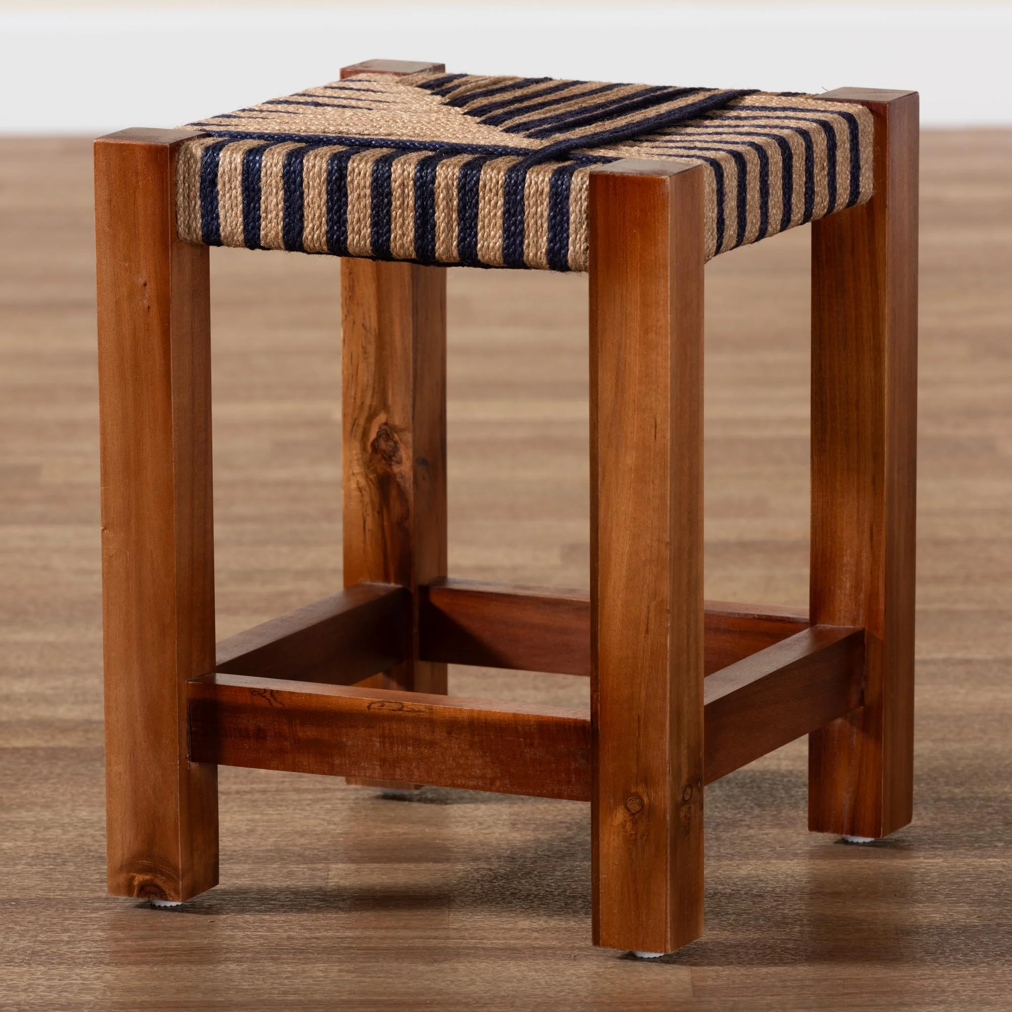 Baxton Studio bali & pari Kailas Modern Bohemian Two-Tone Navy Blue and Natural Brown Seagrass and Natural Brown Acacia Wood Footstool - Image 7