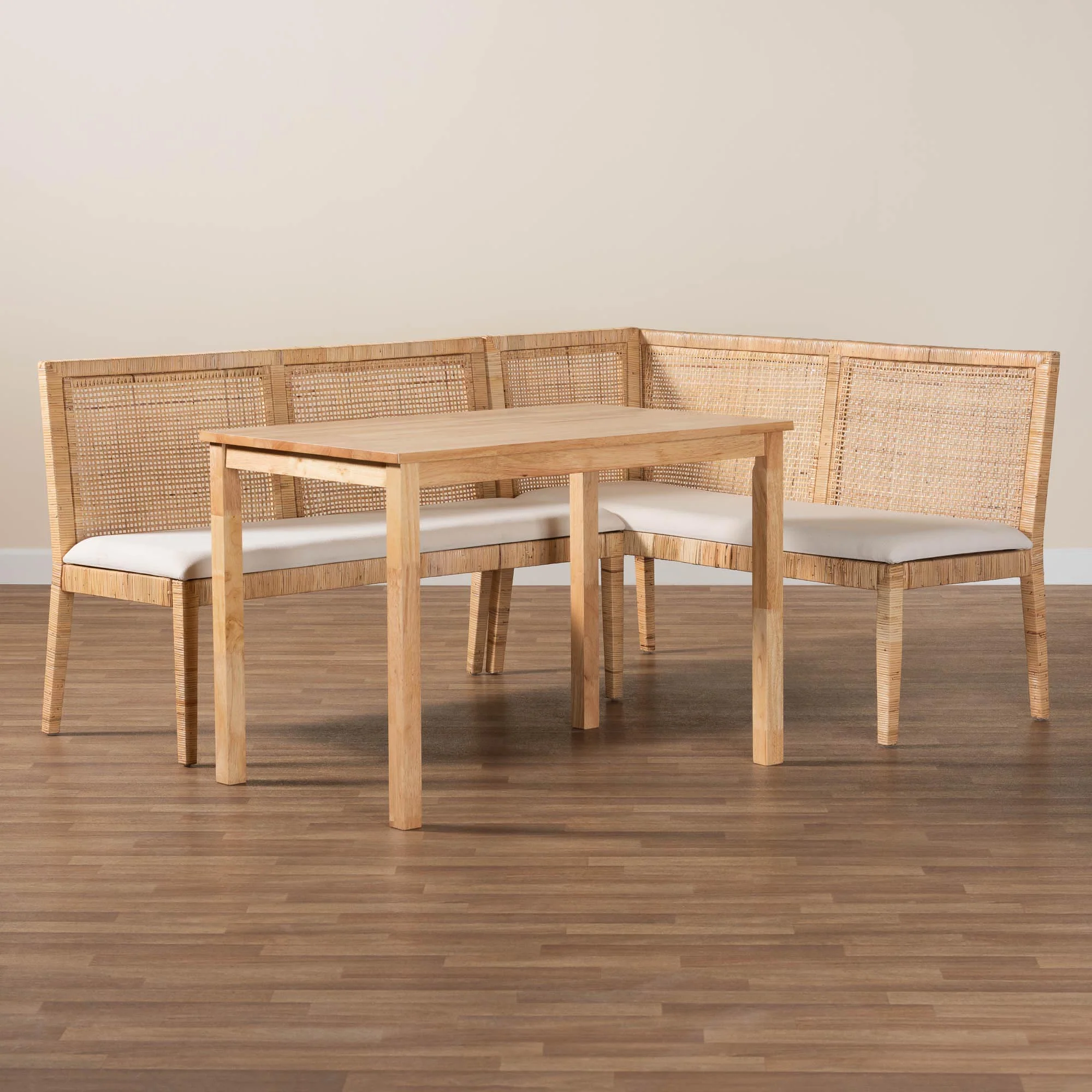 Baxton Studio bali & pari Kalimantan Bohemian Light Honey Rattan 3-Piece Dining Nook Set - Image 3