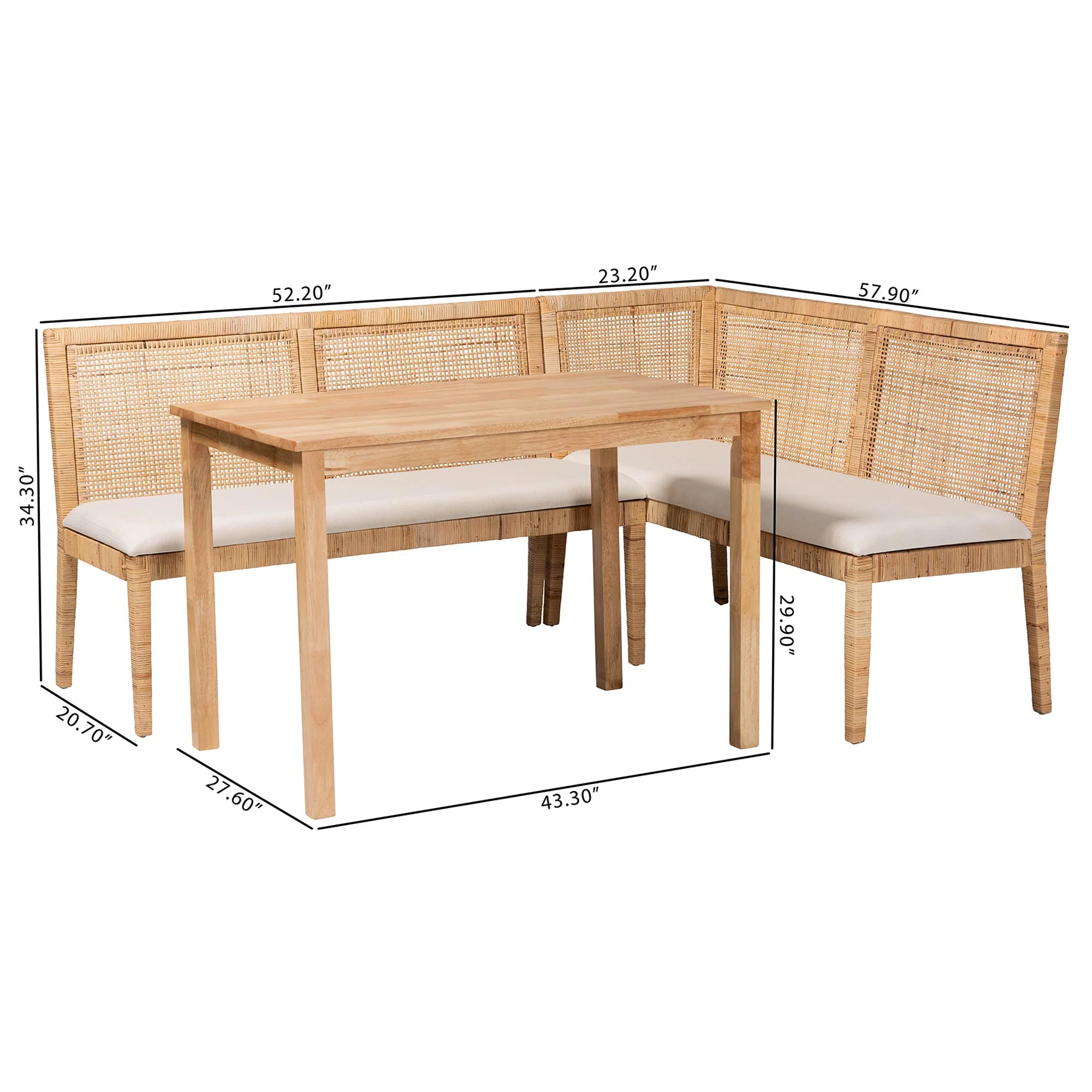 Baxton Studio bali & pari Kalimantan Bohemian Light Honey Rattan 3-Piece Dining Nook Set - Image 4
