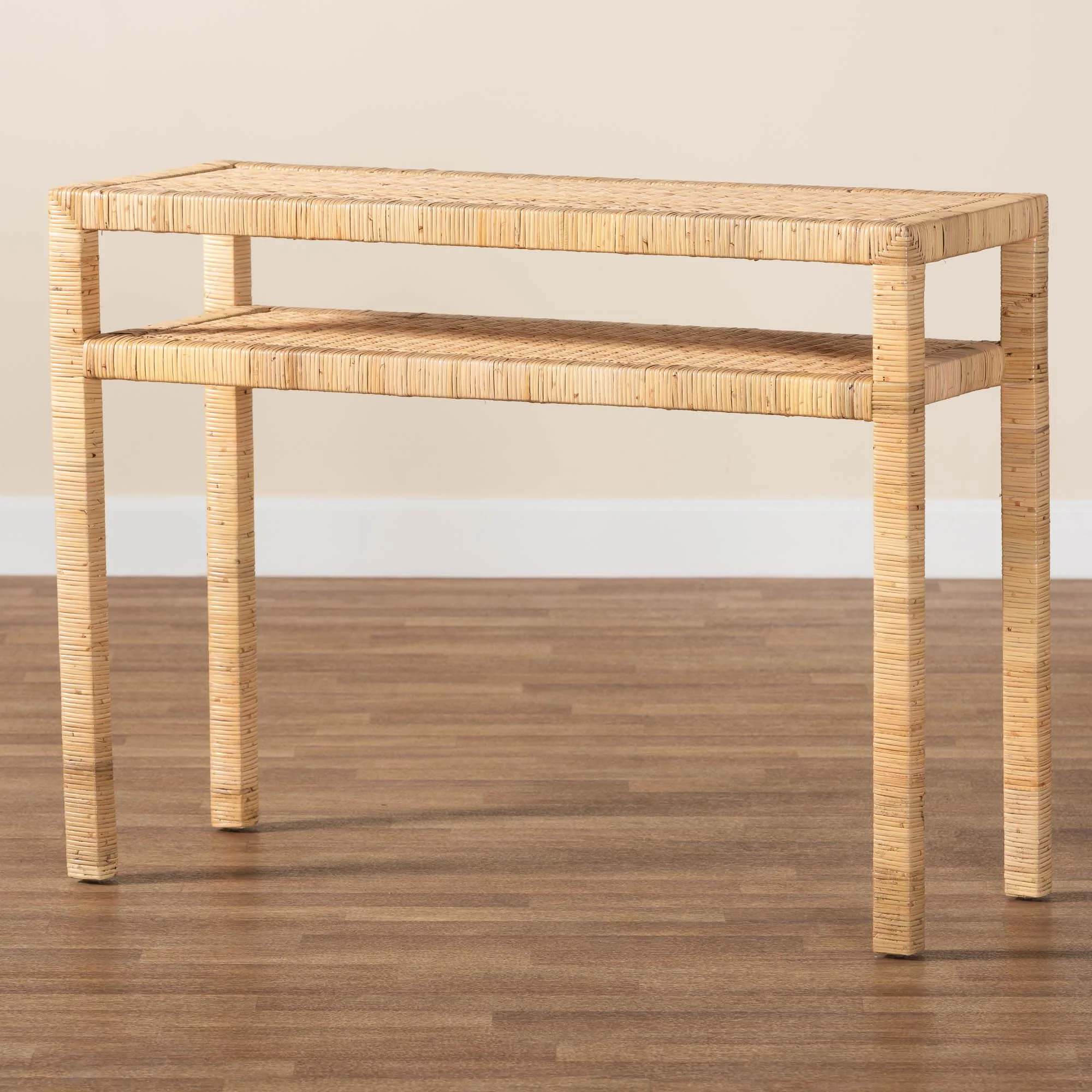 Baxton Studio bali & pari Kalimantan Bohemian Light Honey Rattan and Acacia Wood Console Table - Image 2