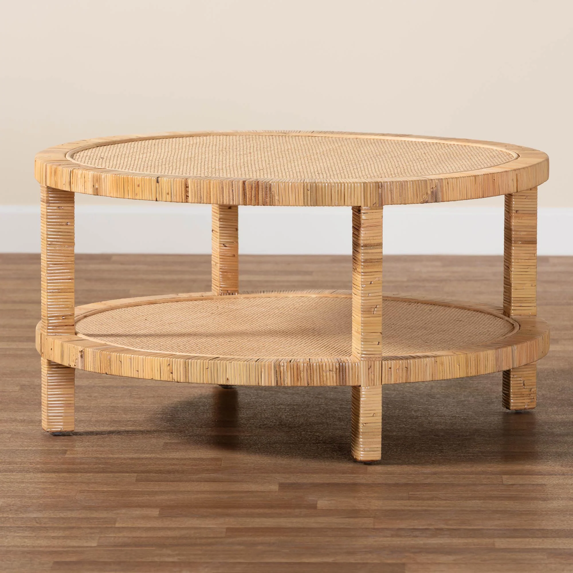 Baxton Studio bali & pari Kalimantan Bohemian Light Honey Rattan and Mahogany Wood Coffee Table - Image 7