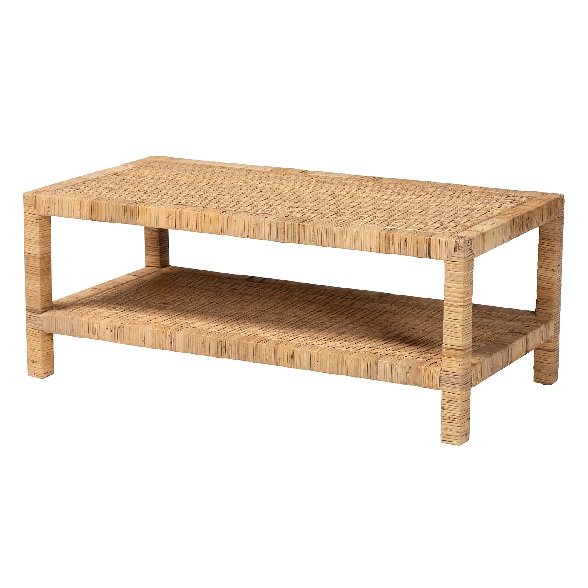 Baxton Studio bali & pari Kalimantan Bohemian Light Honey Rattan and Mahogany Wood Rectangle Coffee Table - Image 3