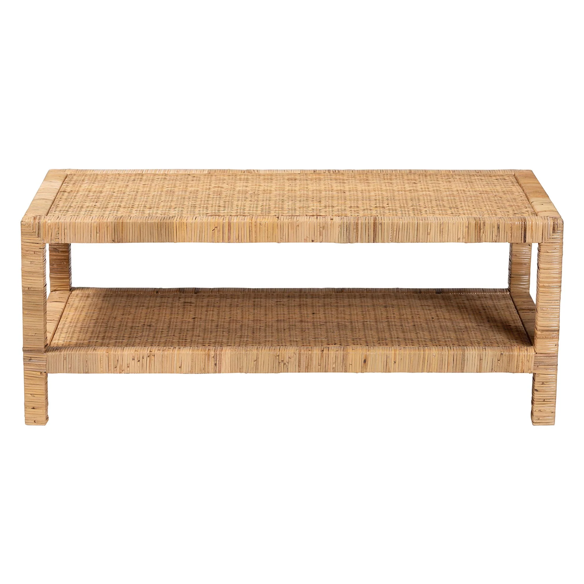 Baxton Studio bali & pari Kalimantan Bohemian Light Honey Rattan and Mahogany Wood Rectangle Coffee Table - Image 4