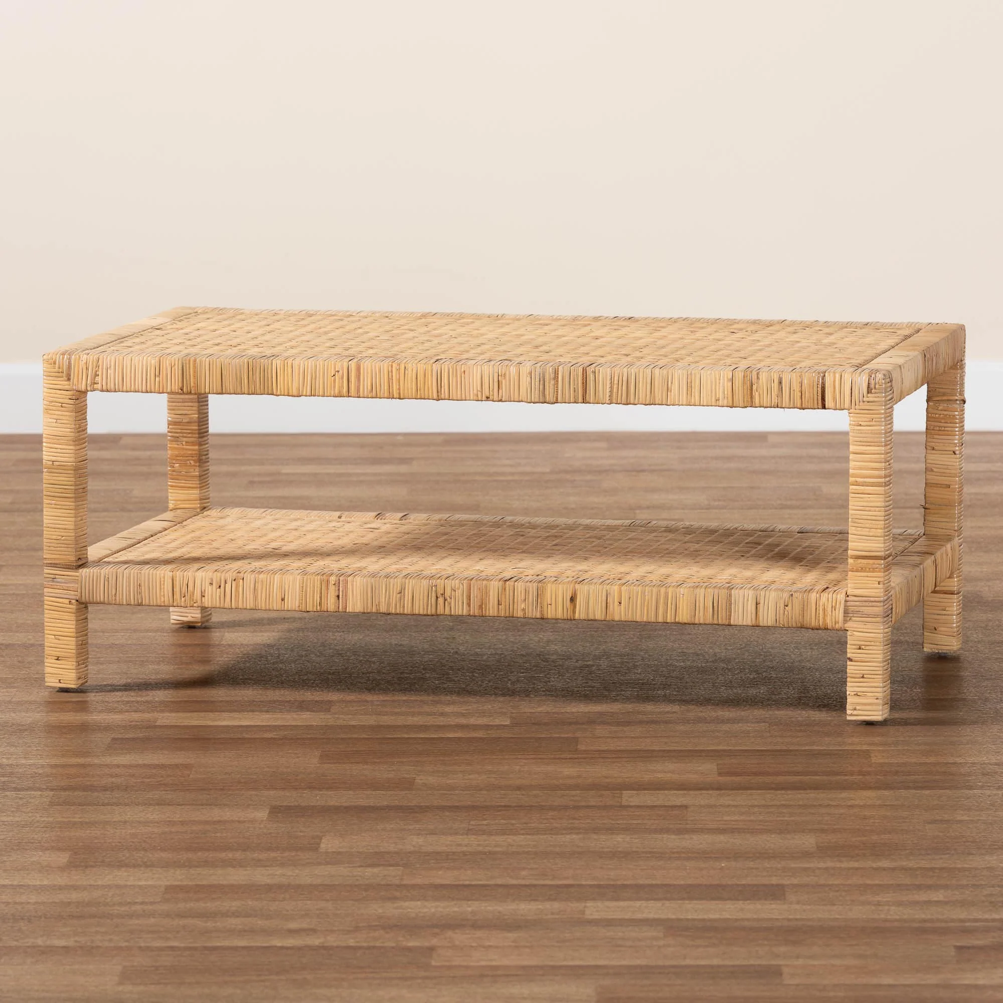 Baxton Studio bali & pari Kalimantan Bohemian Light Honey Rattan and Mahogany Wood Rectangle Coffee Table - Image 8