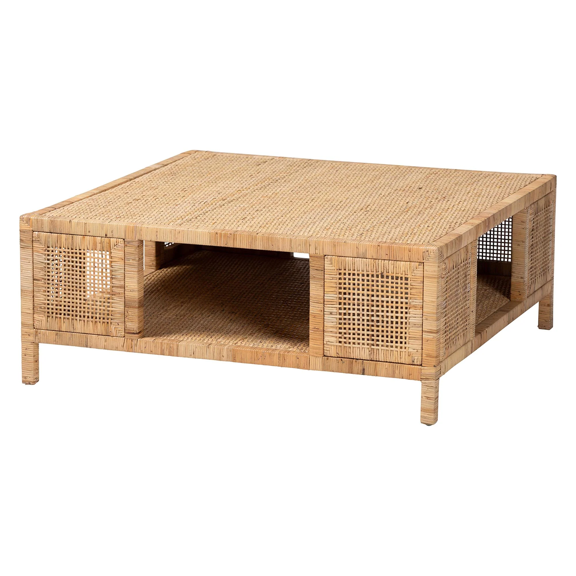Baxton Studio bali & pari Kalimantan Bohemian Light Honey Rattan and Mahogany Wood Square Coffee Table - Image 2
