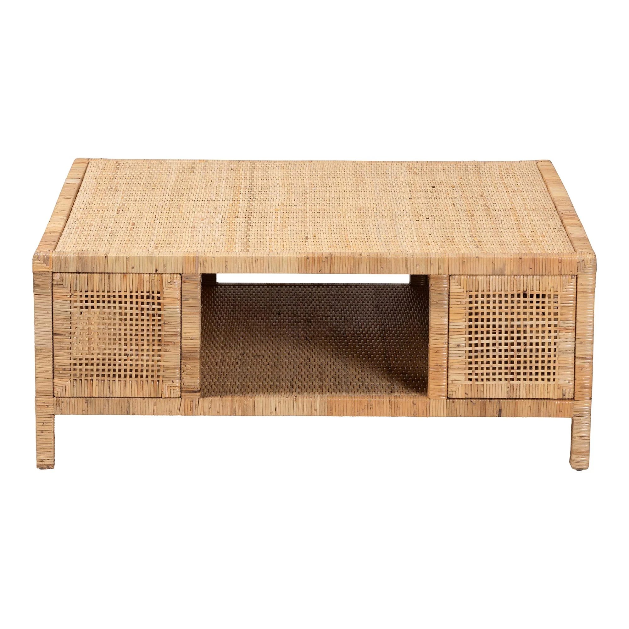 Baxton Studio bali & pari Kalimantan Bohemian Light Honey Rattan and Mahogany Wood Square Coffee Table - Image 3