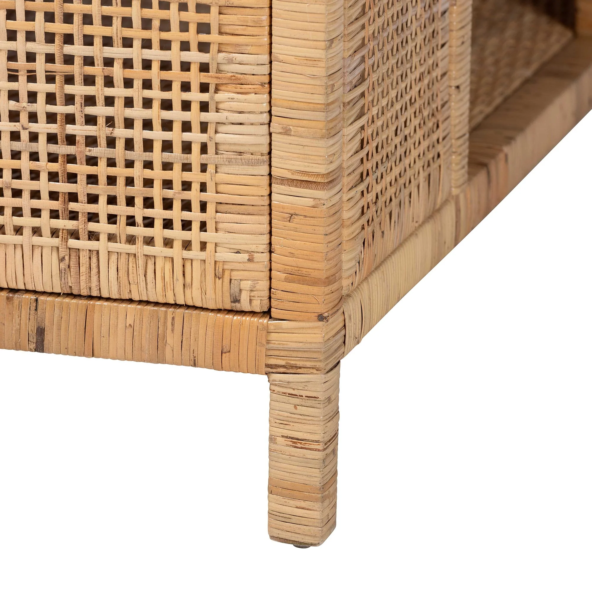 Baxton Studio bali & pari Kalimantan Bohemian Light Honey Rattan and Mahogany Wood Square Coffee Table - Image 4