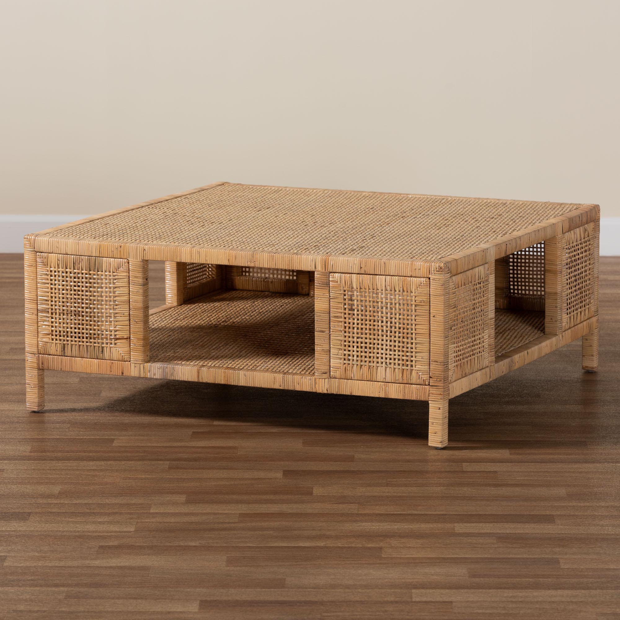 Baxton Studio bali & pari Kalimantan Bohemian Light Honey Rattan and Mahogany Wood Square Coffee Table - Image 6