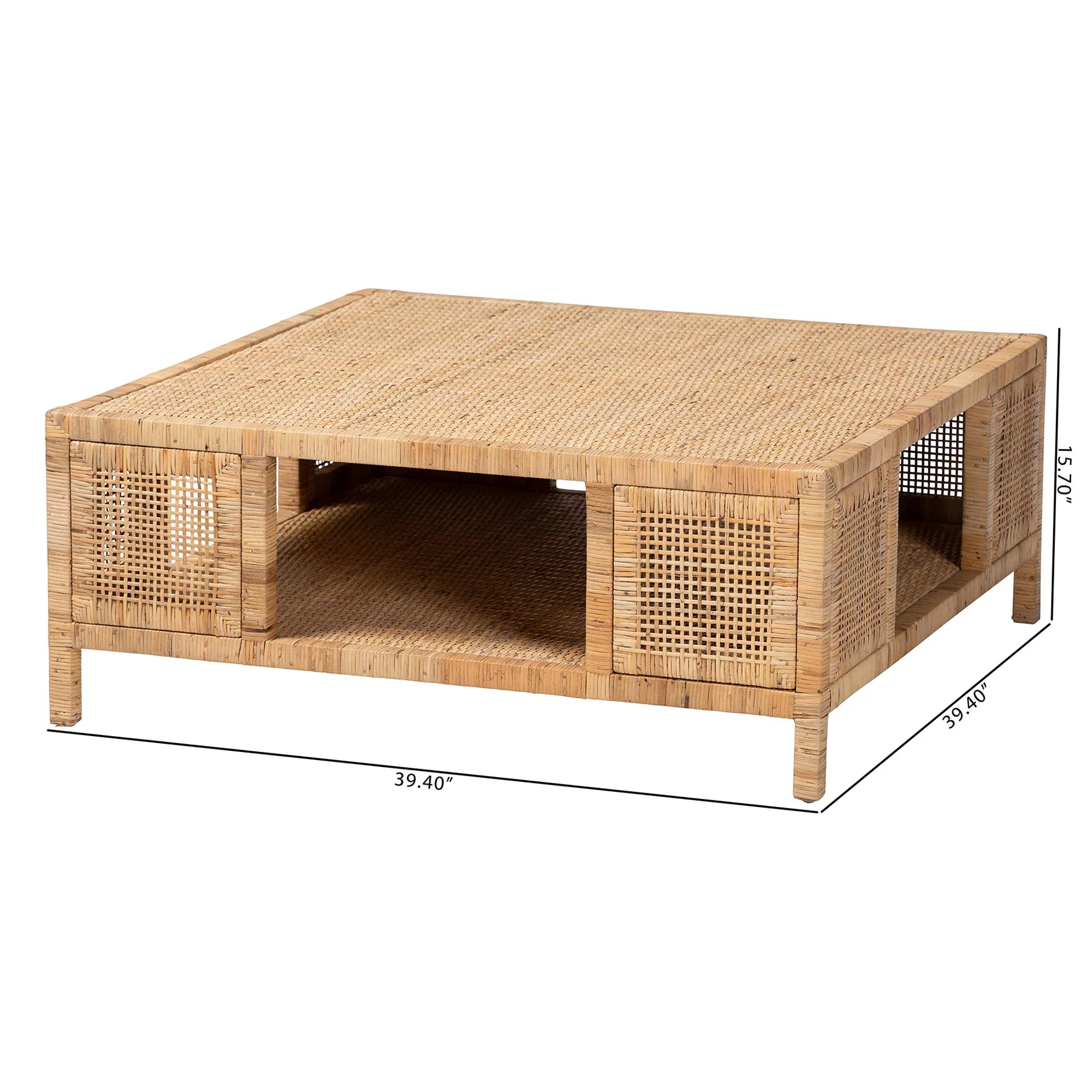 Baxton Studio bali & pari Kalimantan Bohemian Light Honey Rattan and Mahogany Wood Square Coffee Table - Image 7