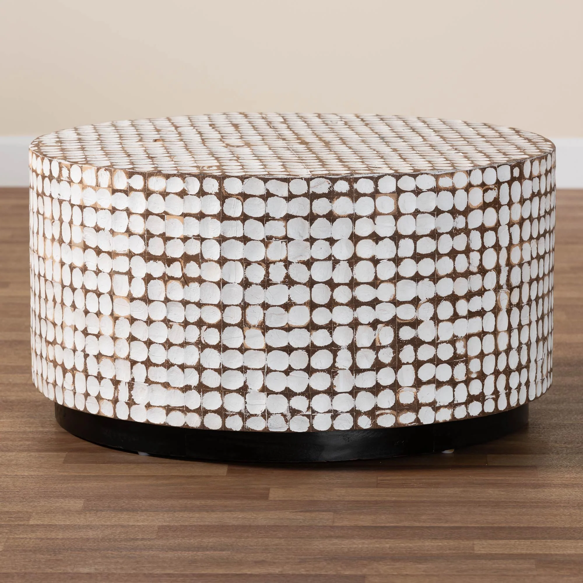 Baxton Studio bali & pari Kaloni Bohemian Sky Blue Coconut Shell and Acacia Wood Coffee Table - Image 16