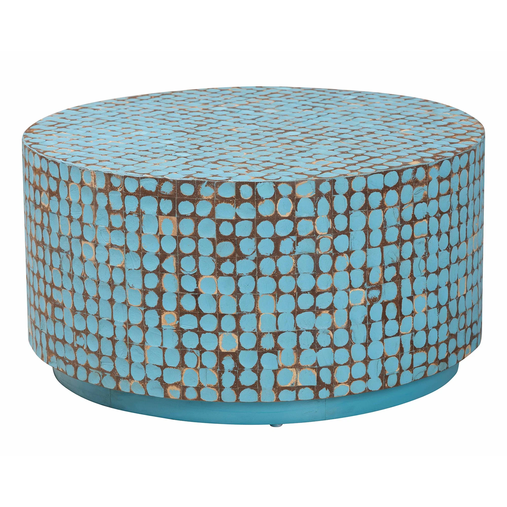 Baxton Studio bali & pari Kaloni Bohemian Sky Blue Coconut Shell and Acacia Wood Coffee Table - Image 3