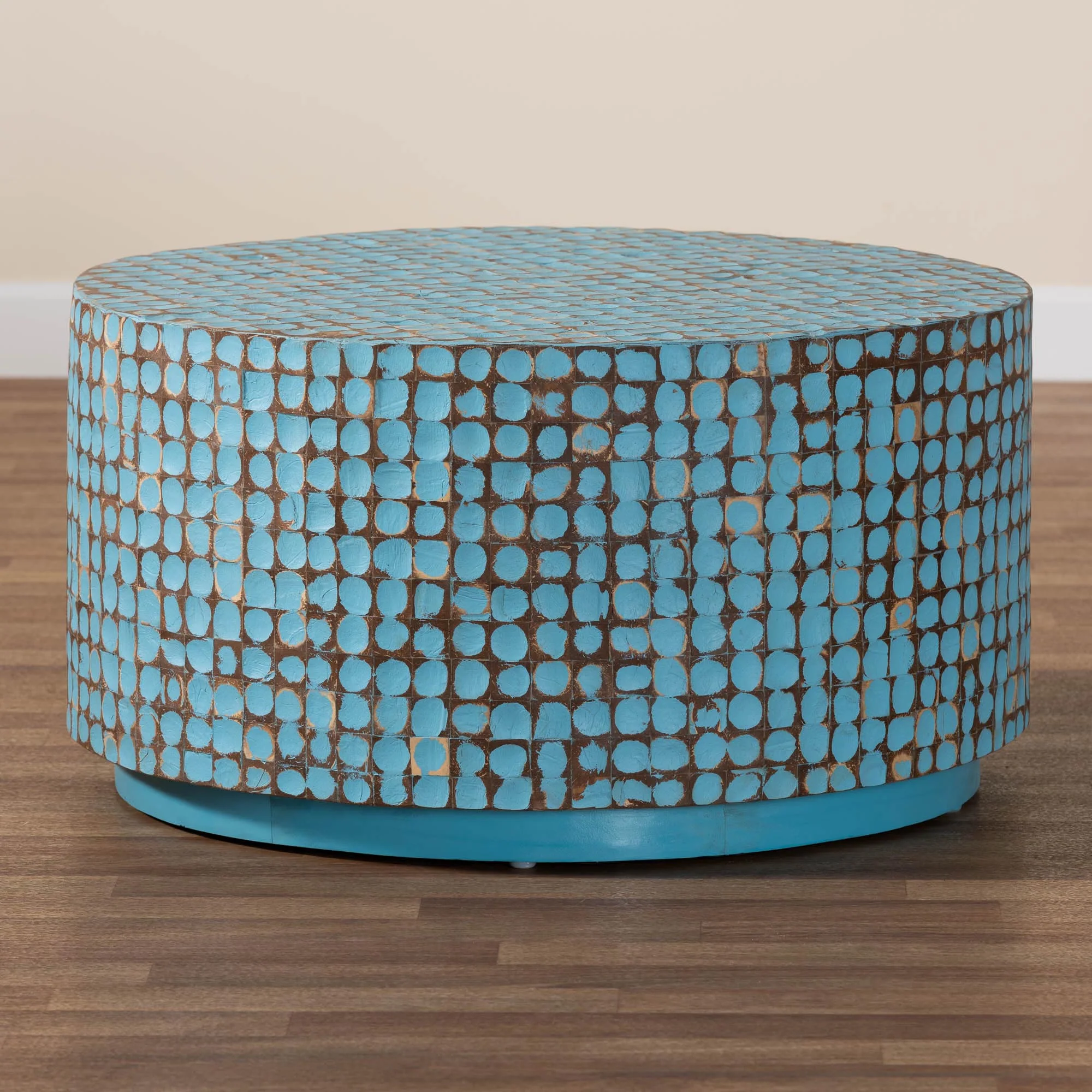 Baxton Studio bali & pari Kaloni Bohemian Sky Blue Coconut Shell and Acacia Wood Coffee Table - Image 8