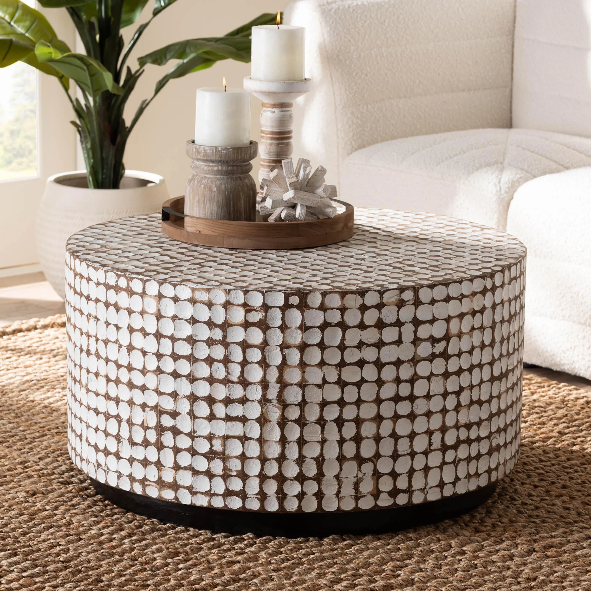 Baxton Studio bali & pari Kaloni Bohemian Sky Blue Coconut Shell and Acacia Wood Coffee Table - Image 9