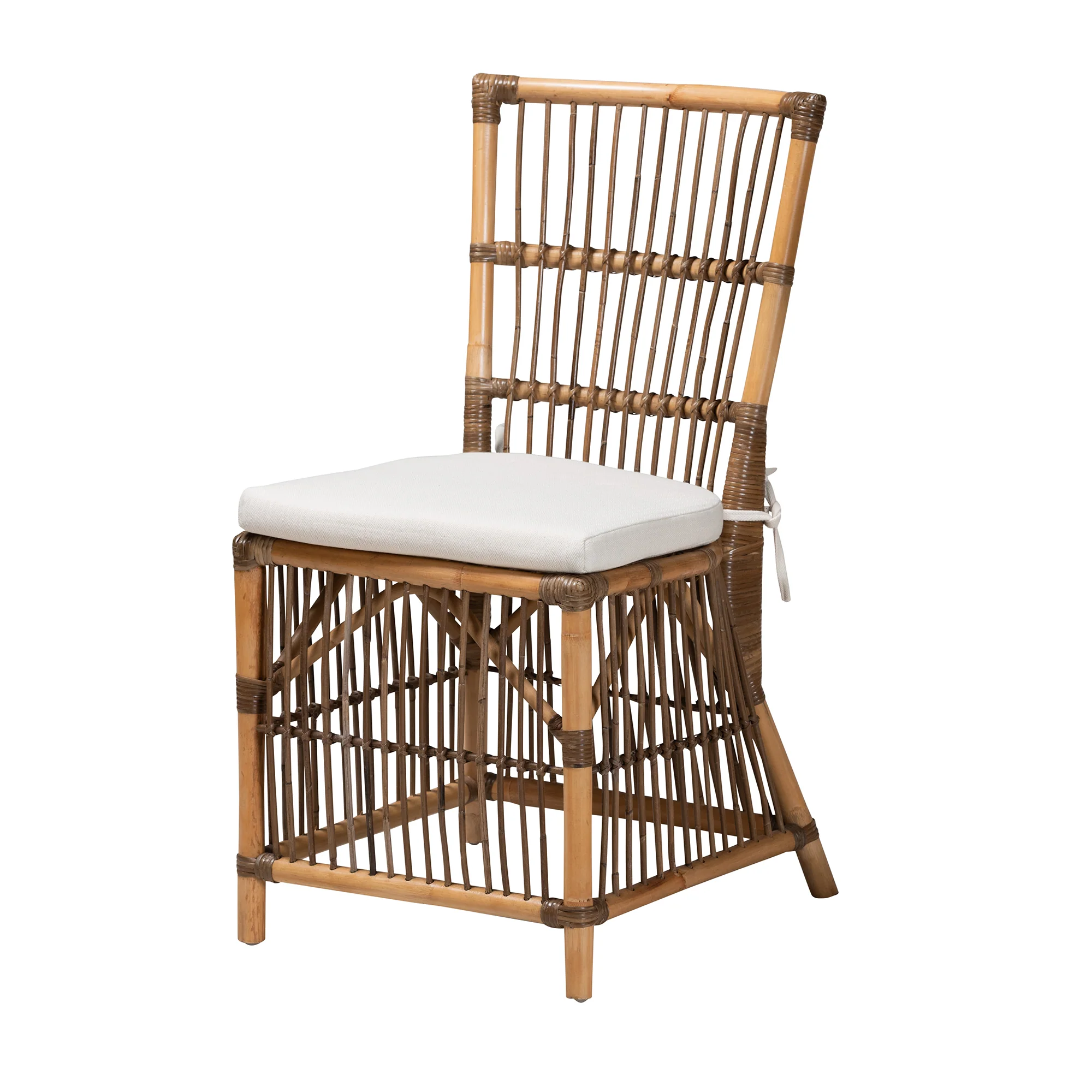 Baxton Studio bali & pari Kim Modern Bohemian White Fabric and Natural Brown Rattan Dining Chair - Image 2