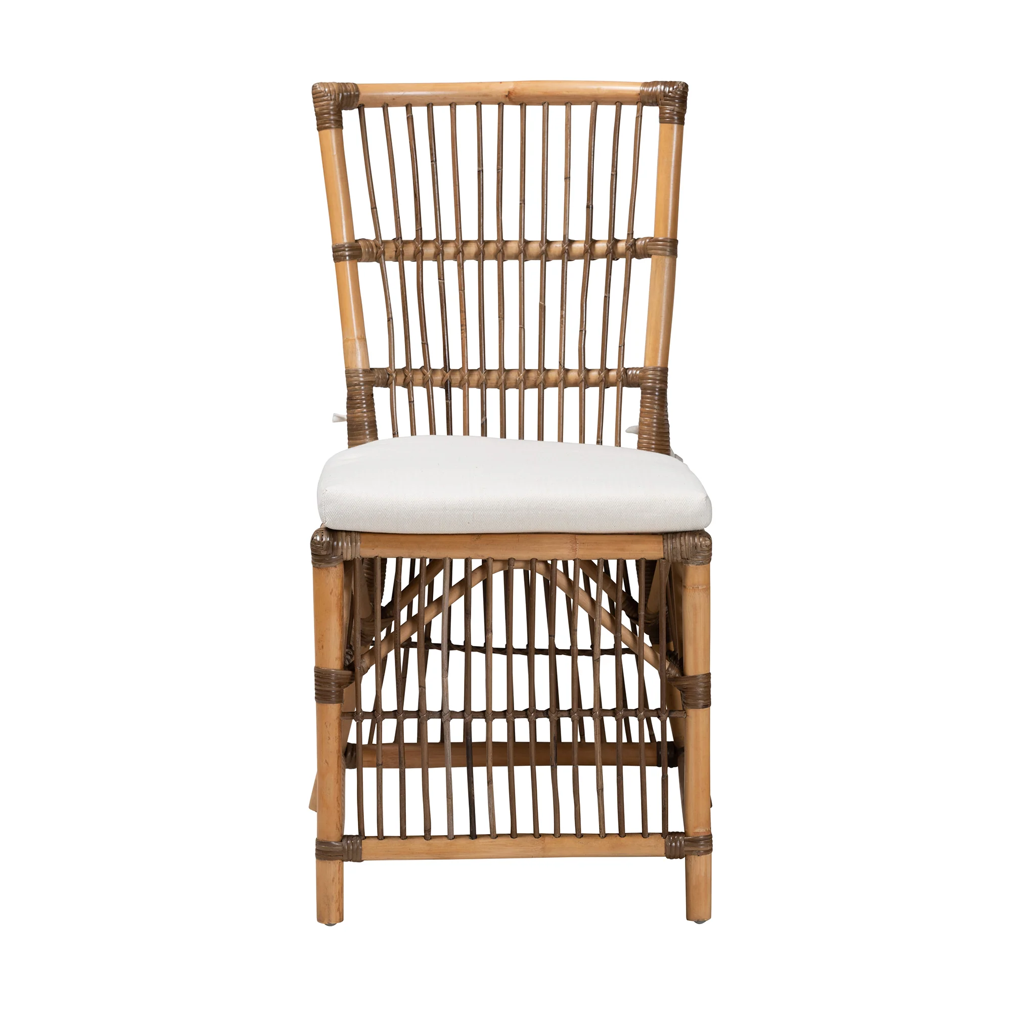 Baxton Studio bali & pari Kim Modern Bohemian White Fabric and Natural Brown Rattan Dining Chair - Image 3