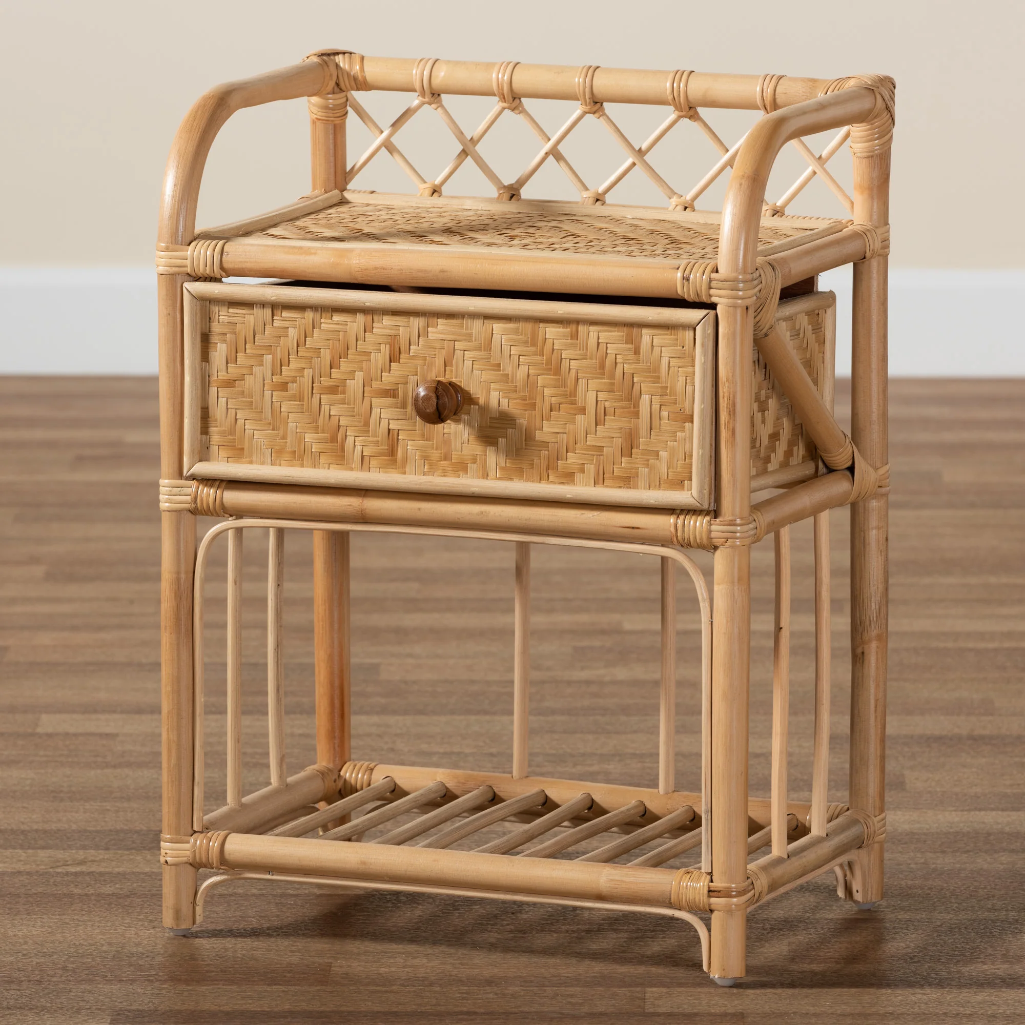 Baxton Studio bali & pari Kobie Modern Bohemian Natural Brown Rattan 1-Drawer Nightstand - Image 2