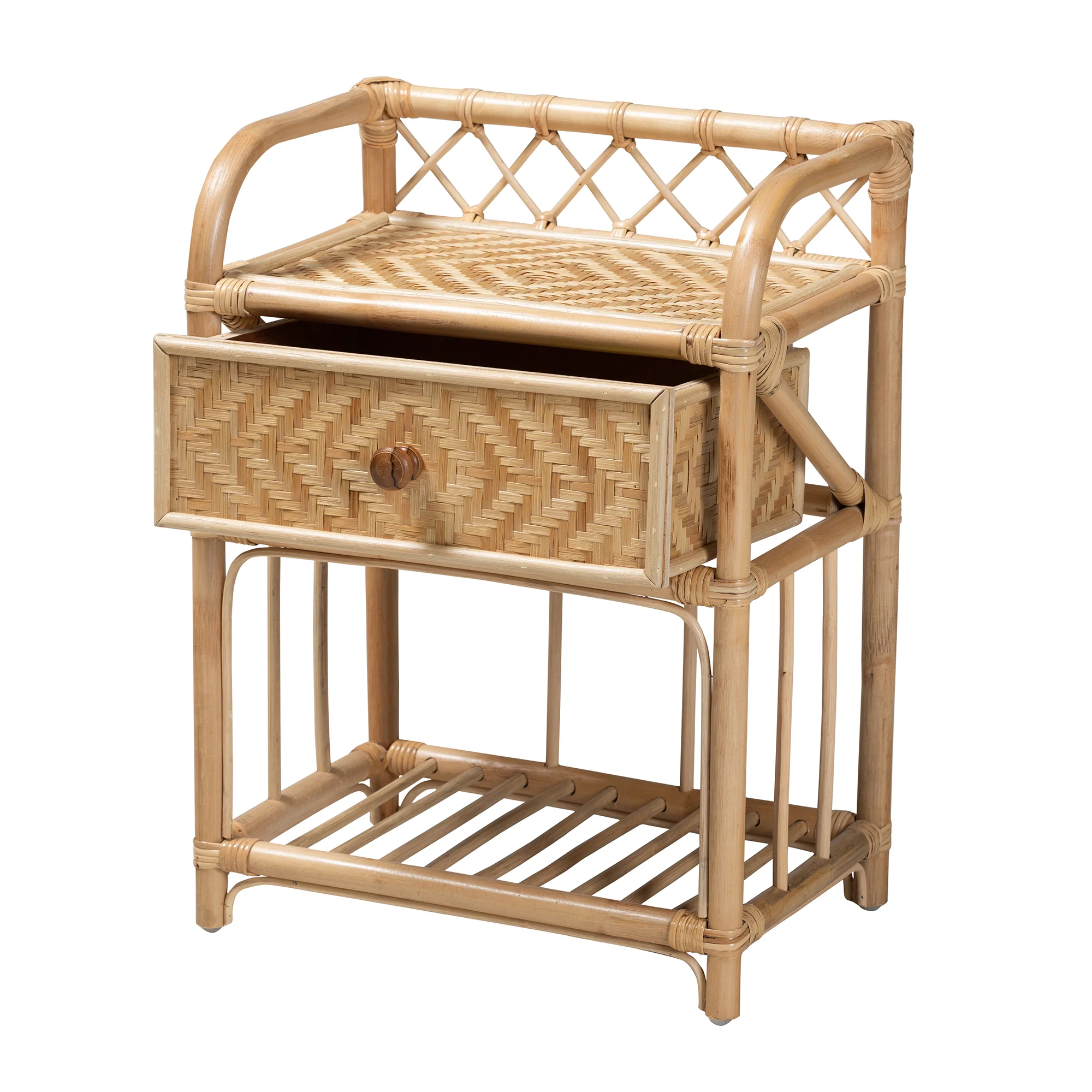 Baxton Studio bali & pari Kobie Modern Bohemian Natural Brown Rattan 1-Drawer Nightstand - Image 5