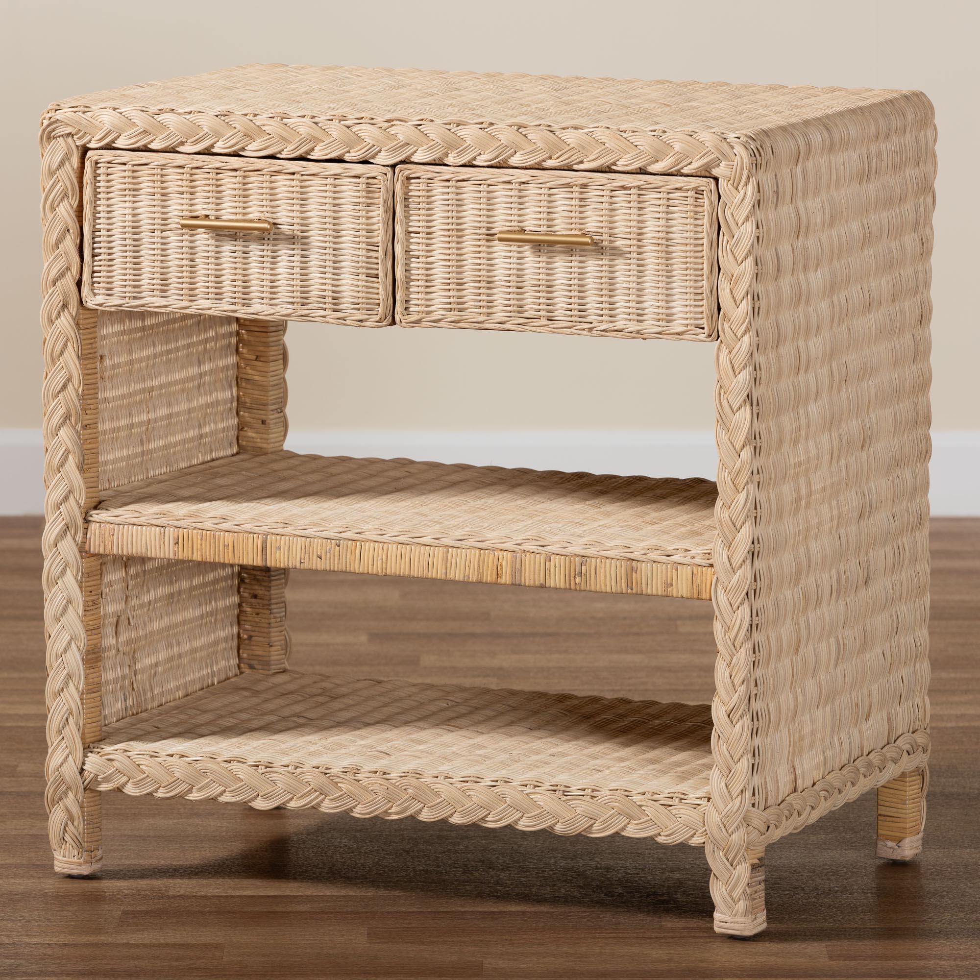 Baxton Studio bali & pari Lanica Japandi Sun Bleached Rattan 2-Drawer Console Table - Image 3