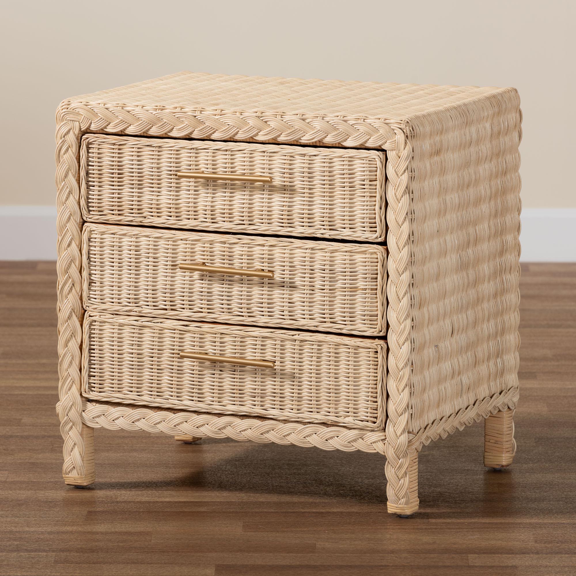 Baxton Studio bali & pari Lanica Japandi Sun Bleached Rattan 3-Drawer Nightstand - Image 3
