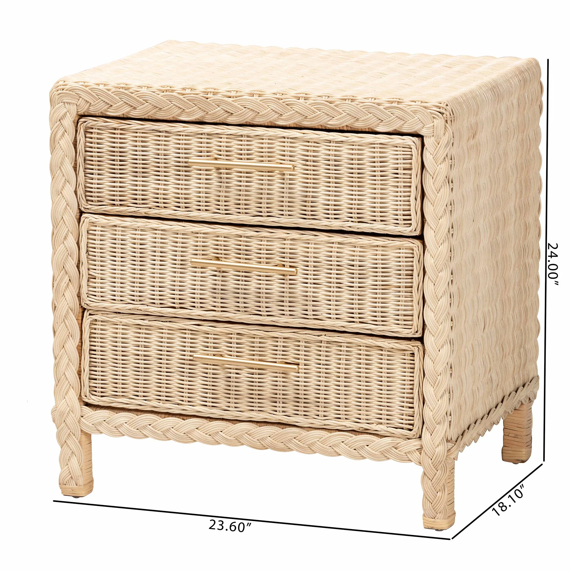Baxton Studio bali & pari Lanica Japandi Sun Bleached Rattan 3-Drawer Nightstand - Image 4