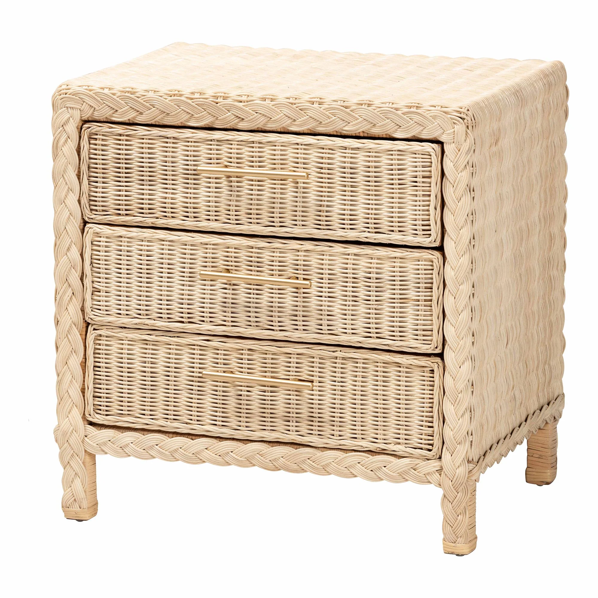 Baxton Studio bali & pari Lanica Japandi Sun Bleached Rattan 3-Drawer Nightstand - Image 5