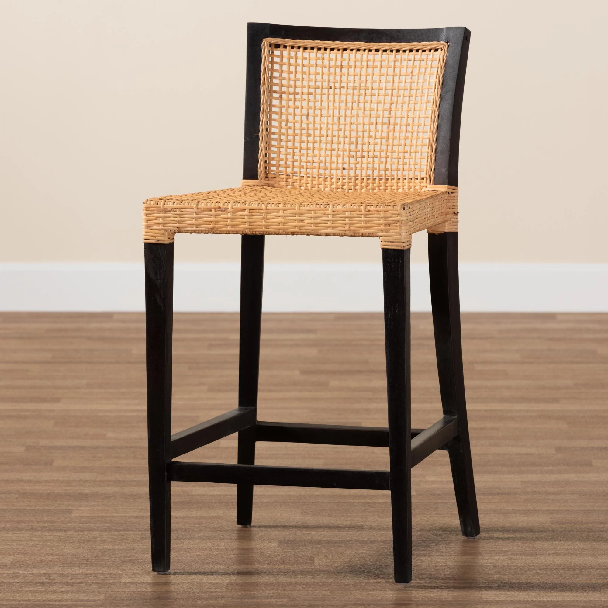 Baxton Studio bali & pari Lingga Modern Bohemian Dark Brown Mahogany Wood and Natural Rattan Counter Stool - Image 9