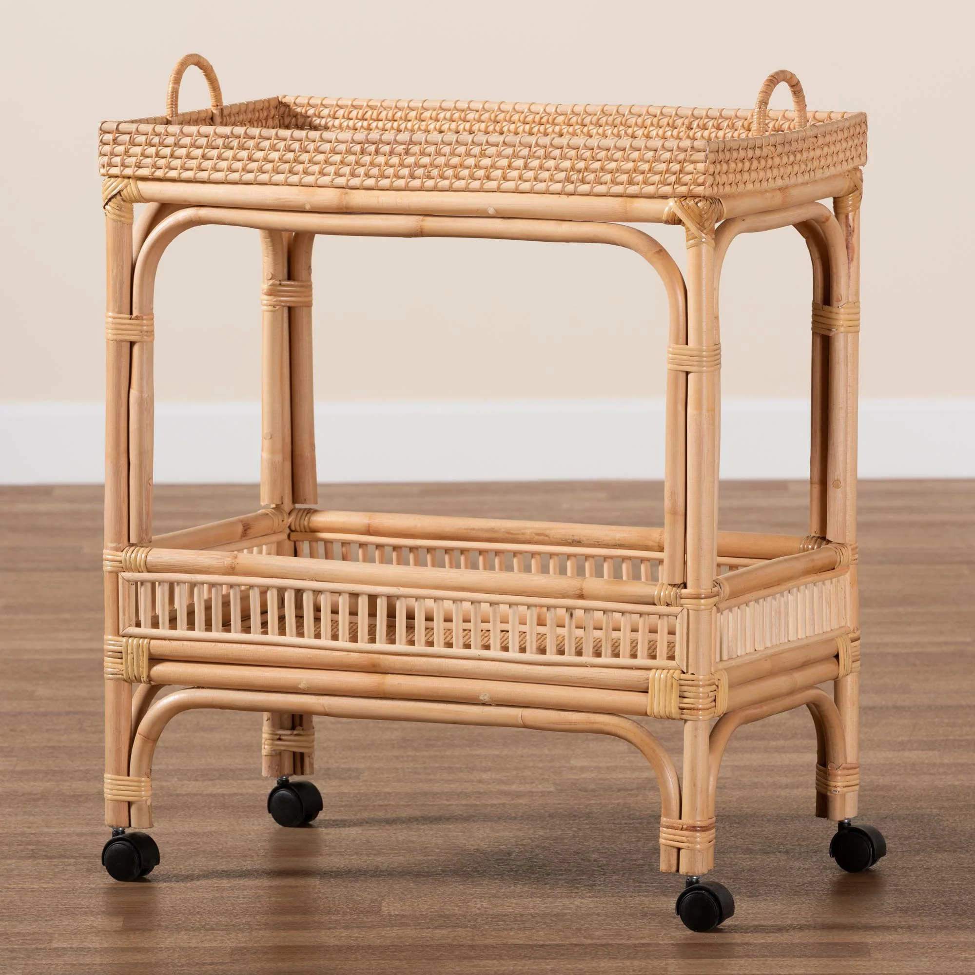 Baxton Studio bali & pari Lombok Modern Bohemian Natural Brown Rattan Wine Cart - Image 9