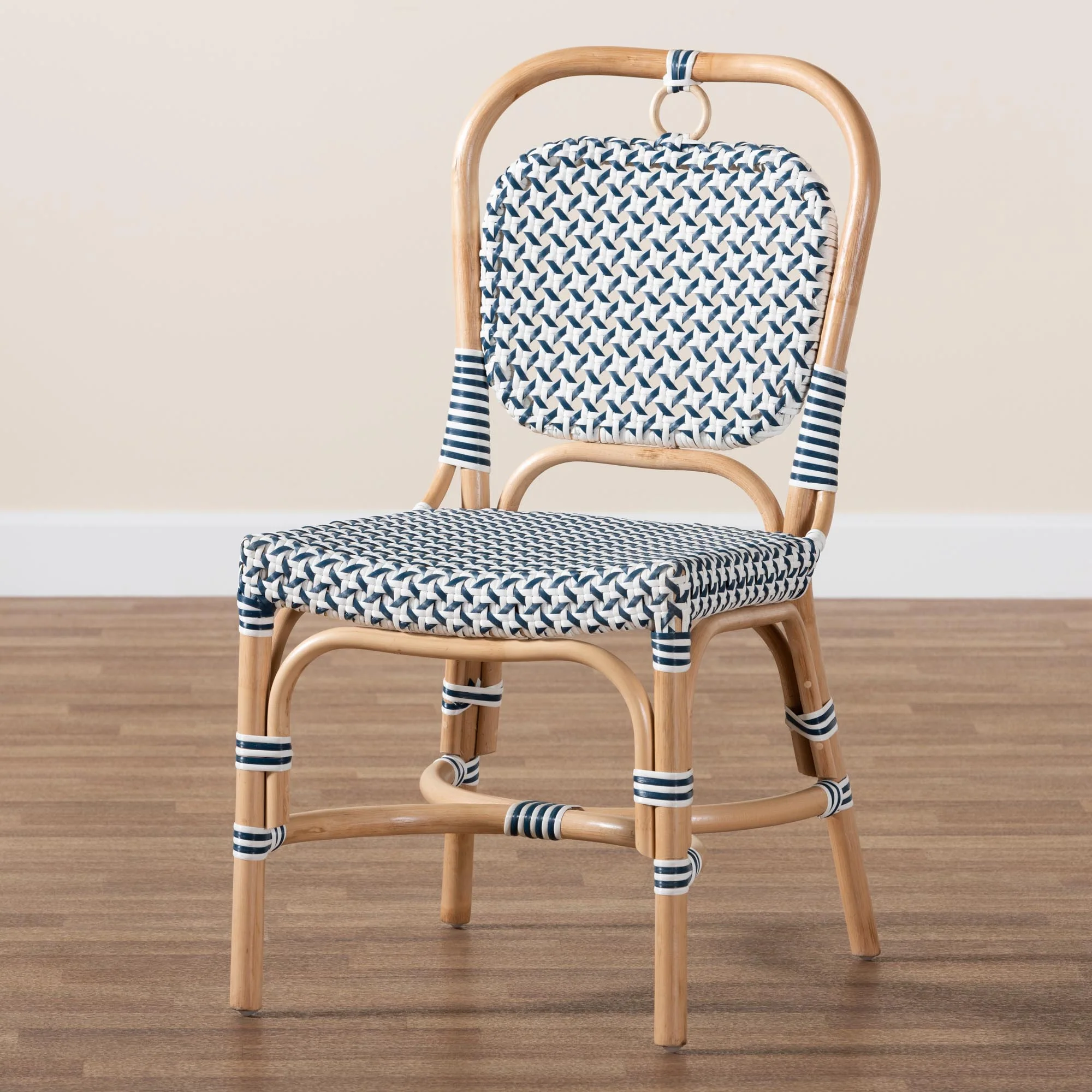 Baxton Studio bali & pari Luciana Modern French Blue and White Weaving Natural Rattan Bistro Chair - Image 9