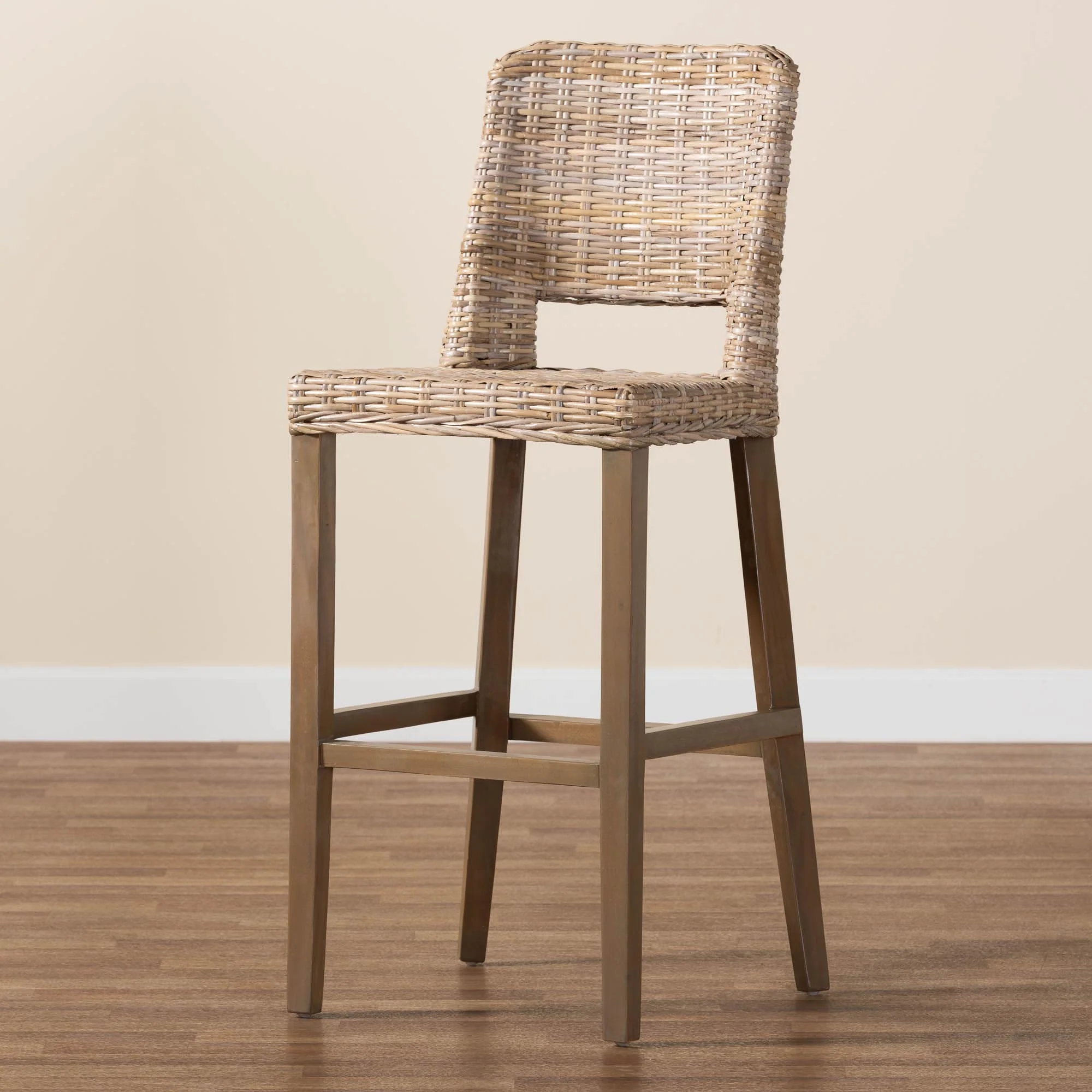 Baxton Studio bali & pari Magy Modern Bohemian Grey Kubu Rattan and Mahogany Wood Bar Stool - Image 2