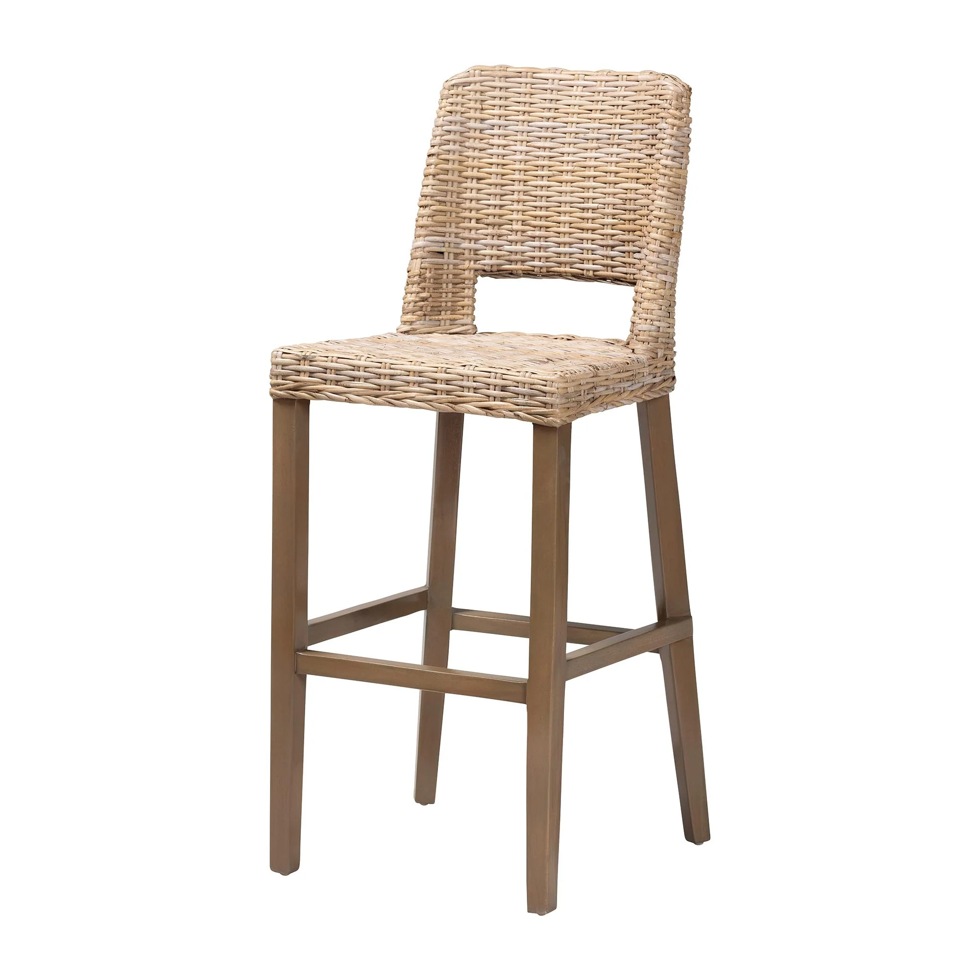 Baxton Studio bali & pari Magy Modern Bohemian Grey Kubu Rattan and Mahogany Wood Bar Stool - Image 4