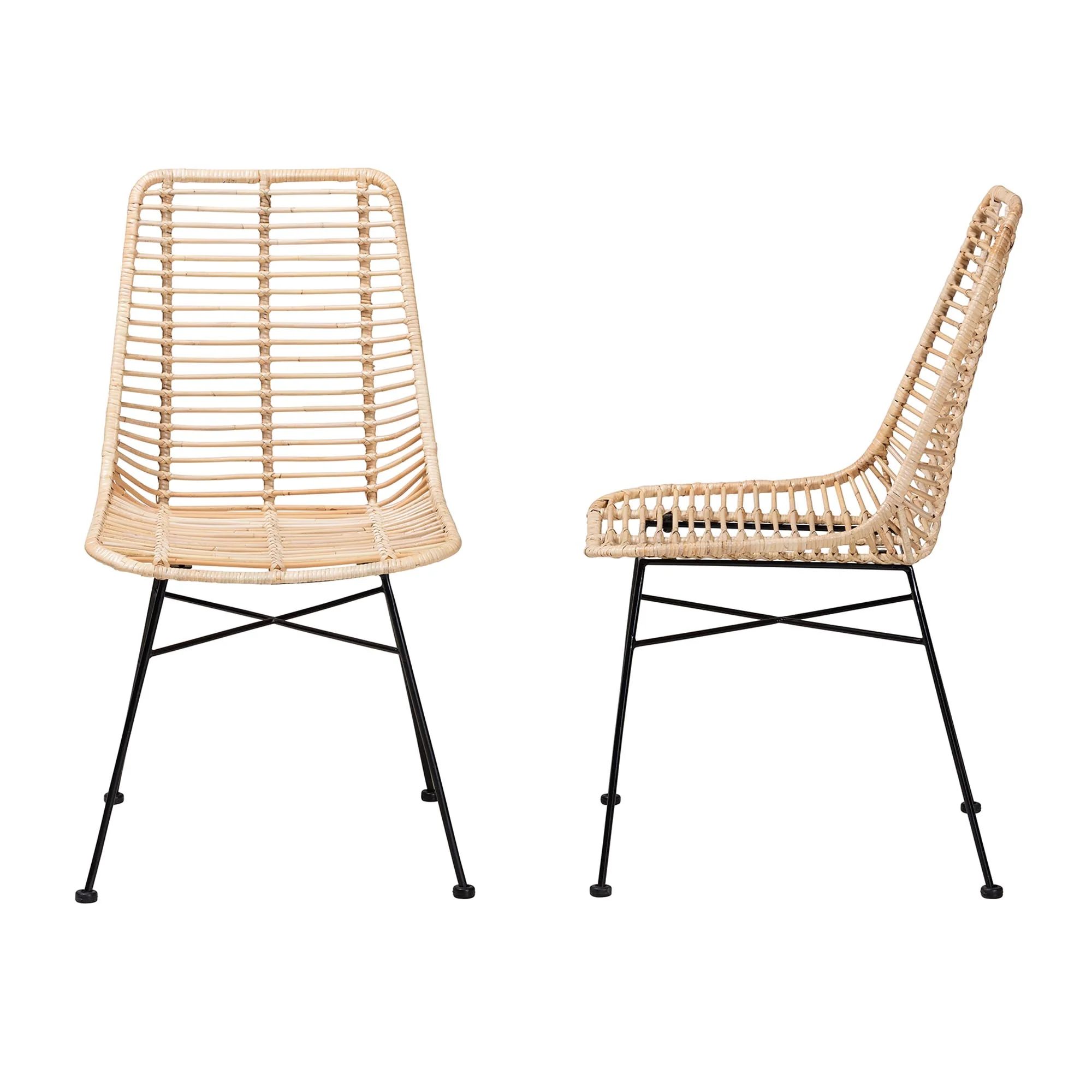 Baxton Studio bali & pari Manhattan Modern Bohemian Natural Brown Rattan and Black Metal 2-Piece Dining Chair Set - Image 4