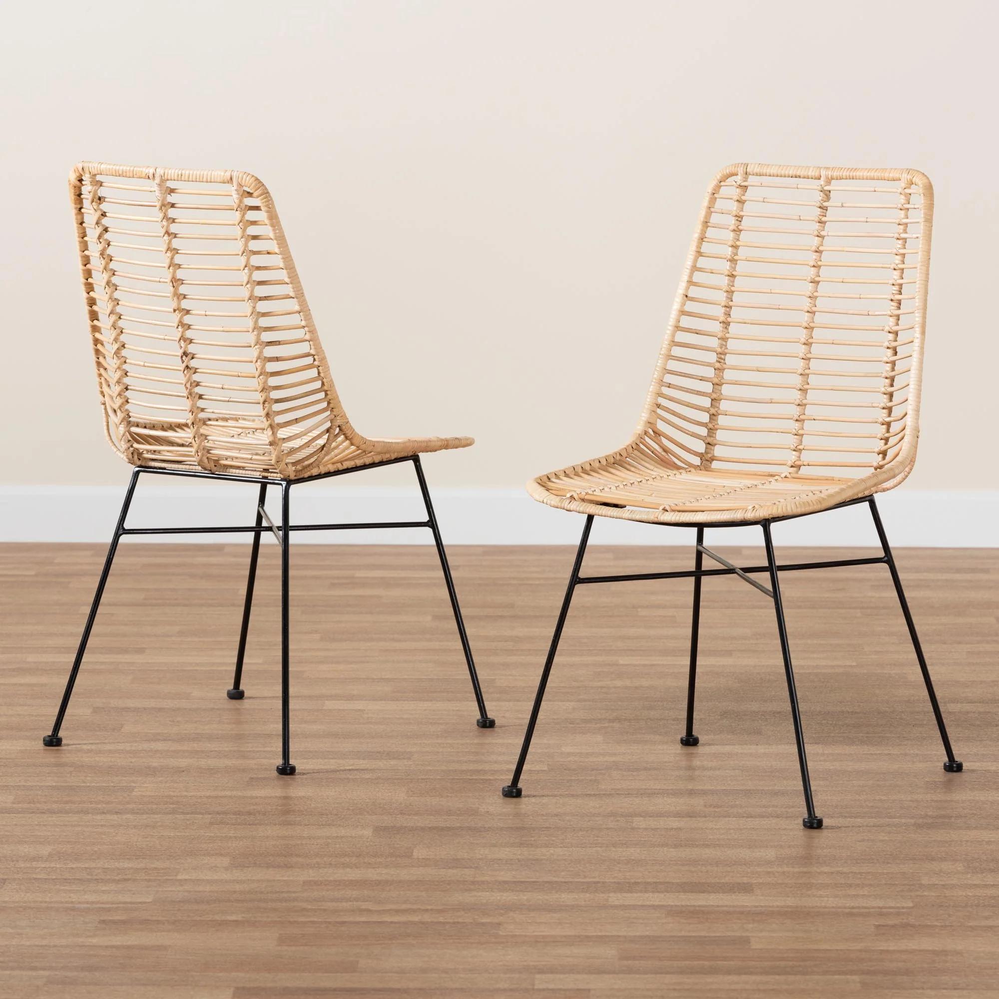 Baxton Studio bali & pari Manhattan Modern Bohemian Natural Brown Rattan and Black Metal 2-Piece Dining Chair Set - Image 9