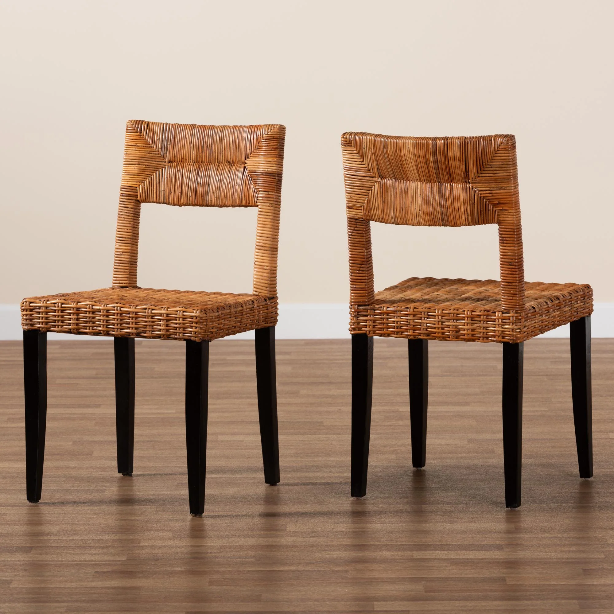 Baxton Studio bali & pari Manrico Modern Bohemian Dark Brown Finished Wood and Natural Rattan 2-Piece Dining Chair Set - Image 9