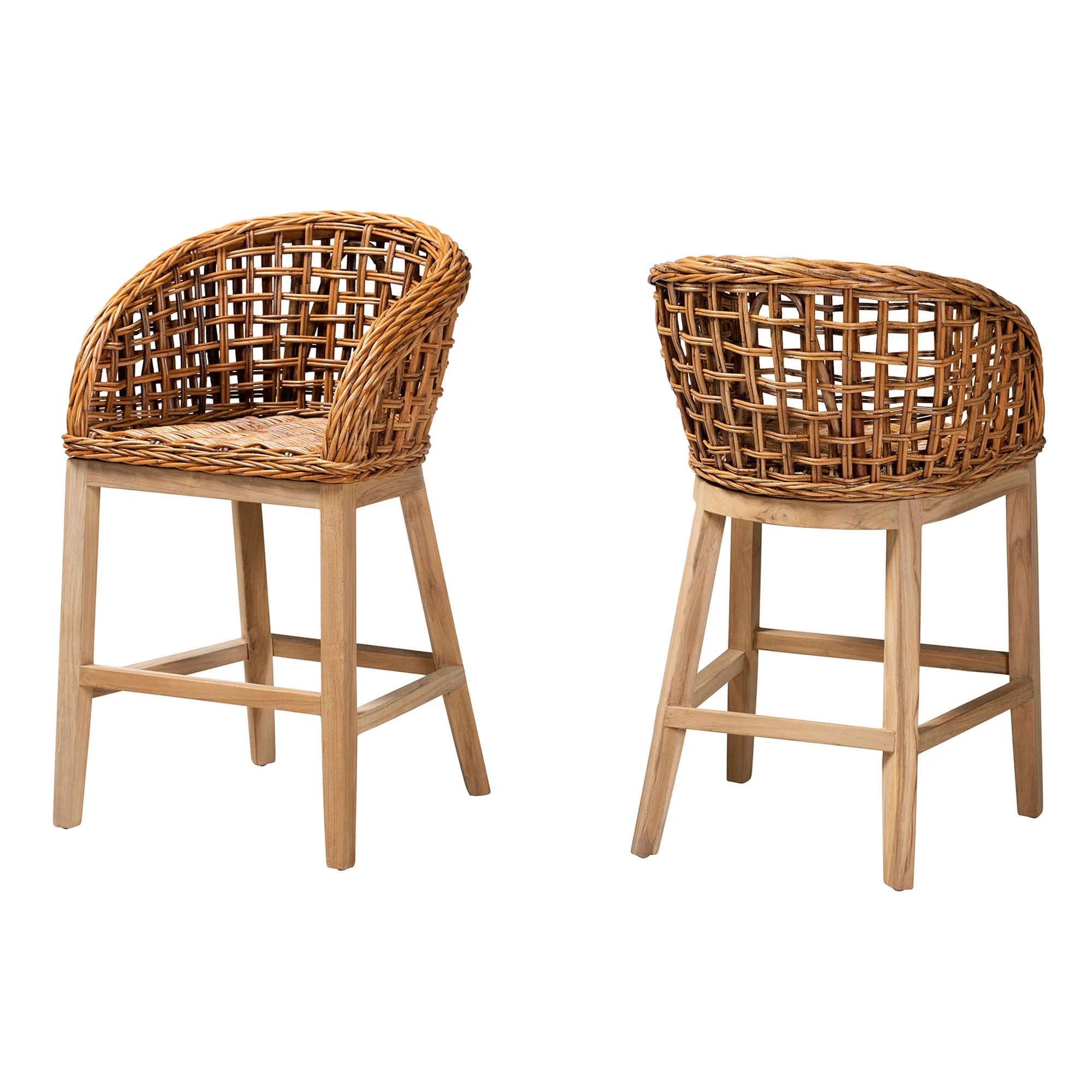 Baxton Studio bali & pari Mario Modern Bohemian Natural Brown Finished Teak Wood and Rattan 2-Piece Counter Stool Set - Image 2