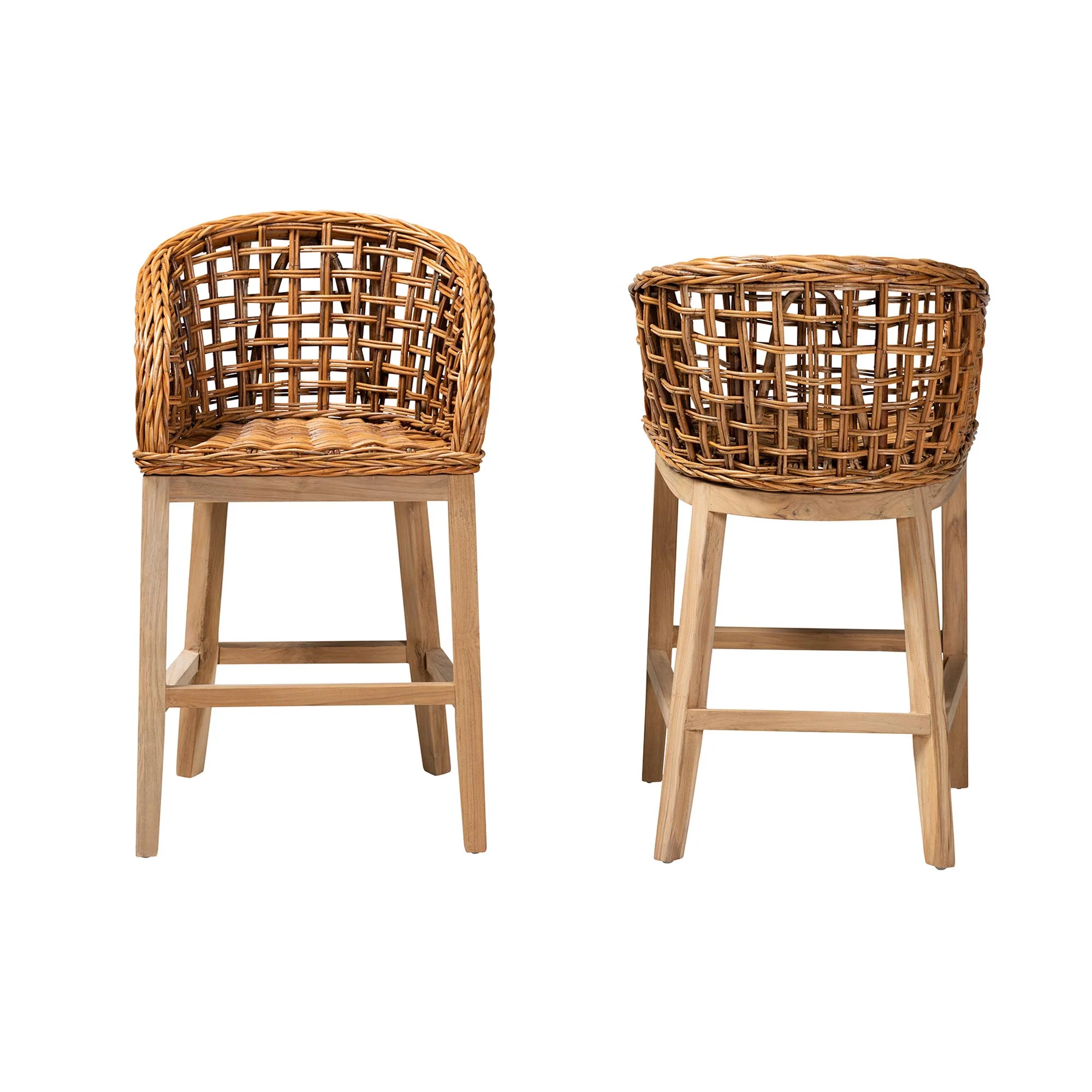 Baxton Studio bali & pari Mario Modern Bohemian Natural Brown Finished Teak Wood and Rattan 2-Piece Counter Stool Set - Image 3