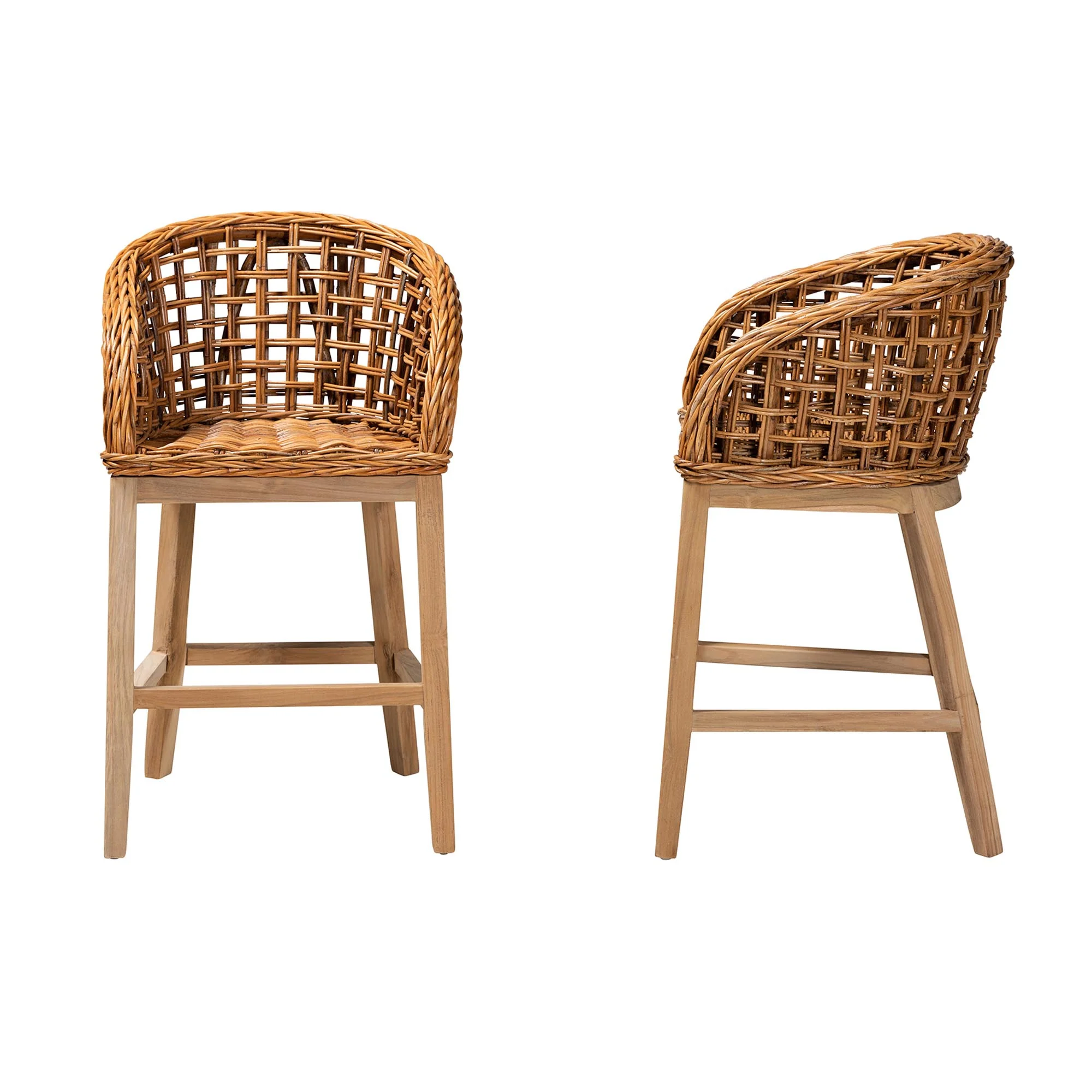 Baxton Studio bali & pari Mario Modern Bohemian Natural Brown Finished Teak Wood and Rattan 2-Piece Counter Stool Set - Image 4