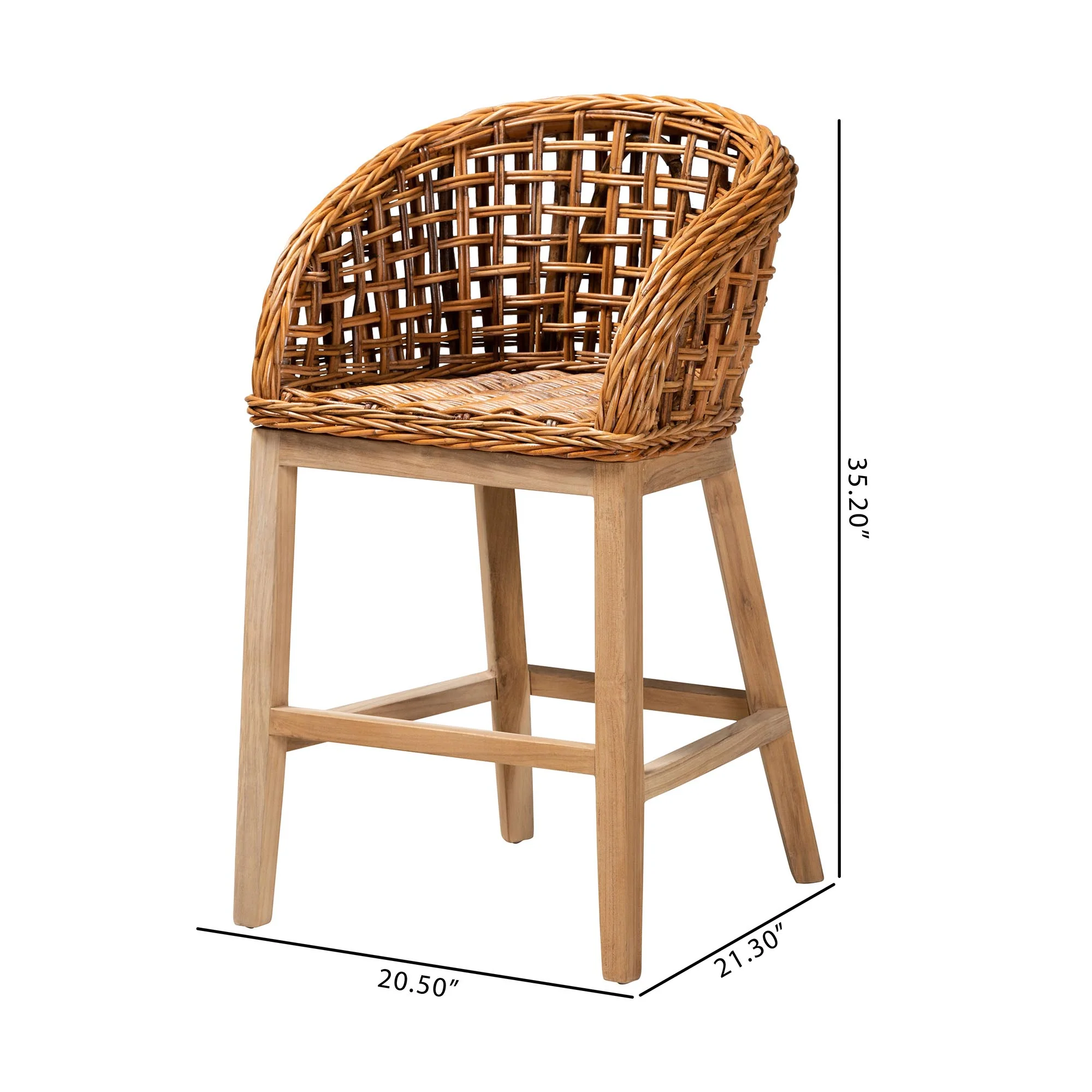 Baxton Studio bali & pari Mario Modern Bohemian Natural Brown Finished Teak Wood and Rattan 2-Piece Counter Stool Set - Image 8