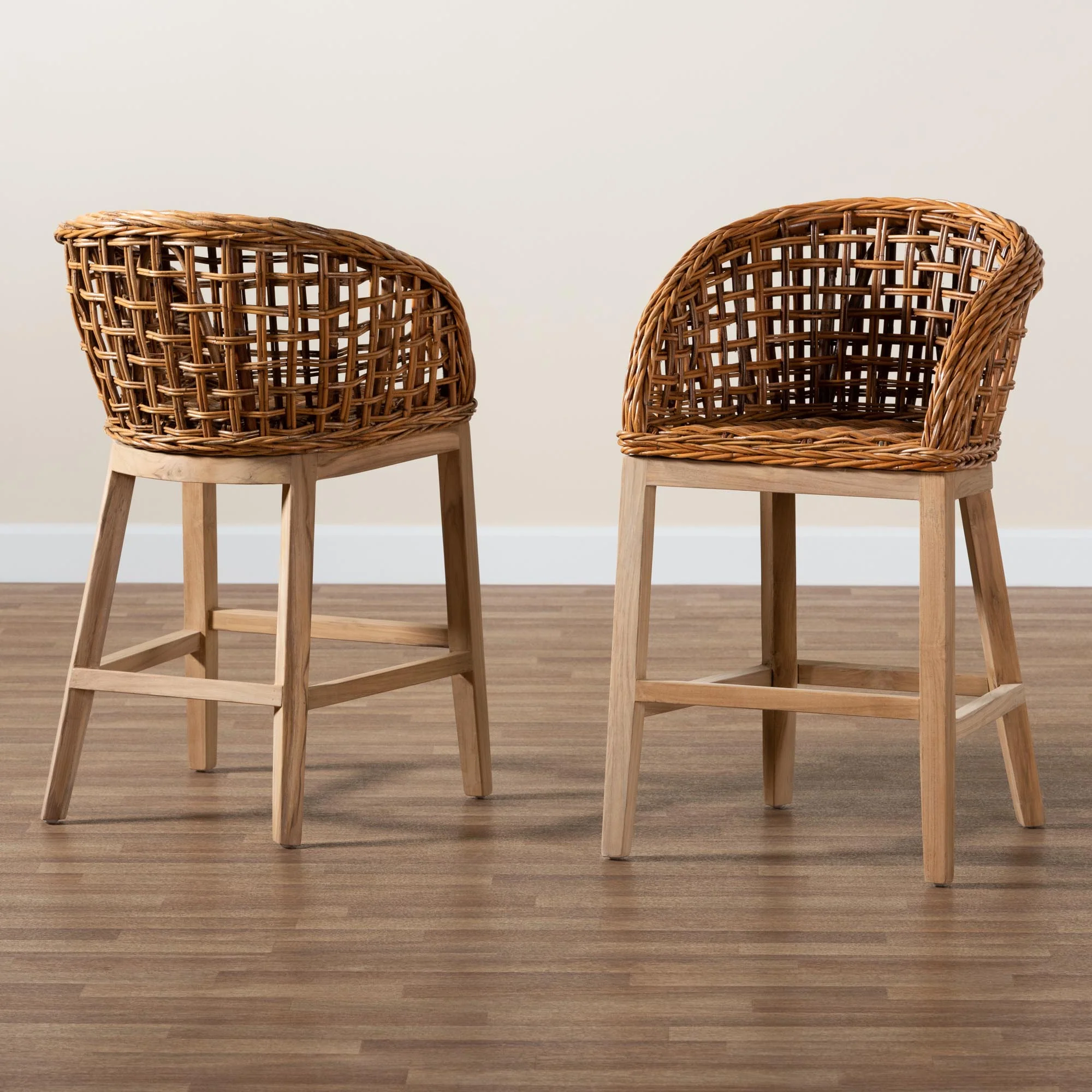 Baxton Studio bali & pari Mario Modern Bohemian Natural Brown Finished Teak Wood and Rattan 2-Piece Counter Stool Set - Image 9
