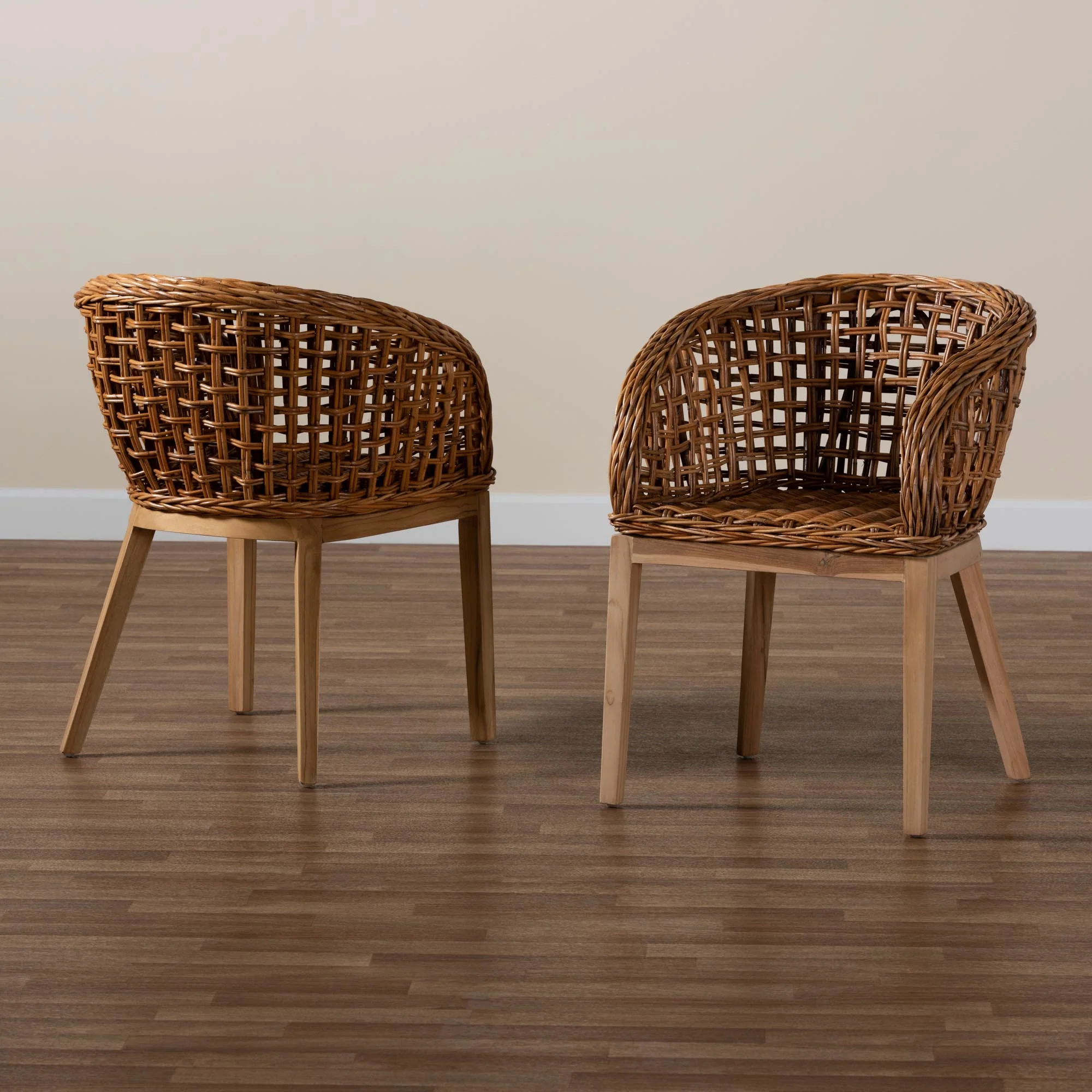 Baxton Studio bali & pari Mario Modern Bohemian Natural Brown Finished Teak Wood and Rattan 2-Piece Dining Chair Set - Image 9
