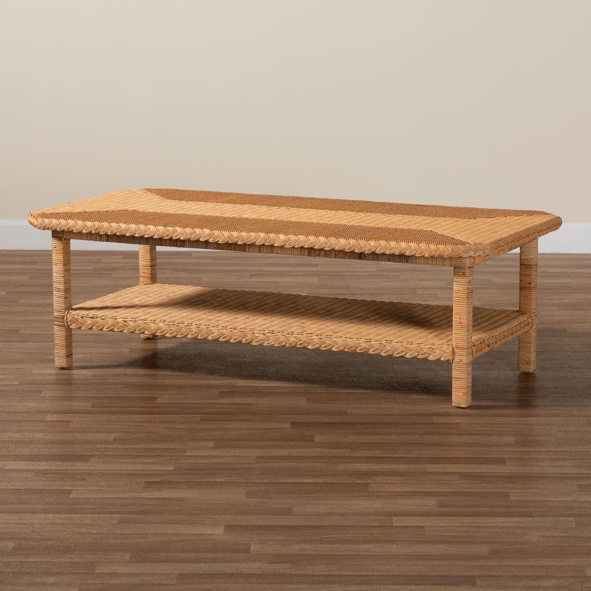 Baxton Studio bali & pari Minahasa Bohemian Light Honey Braided Rattan Coffee Table - Image 8