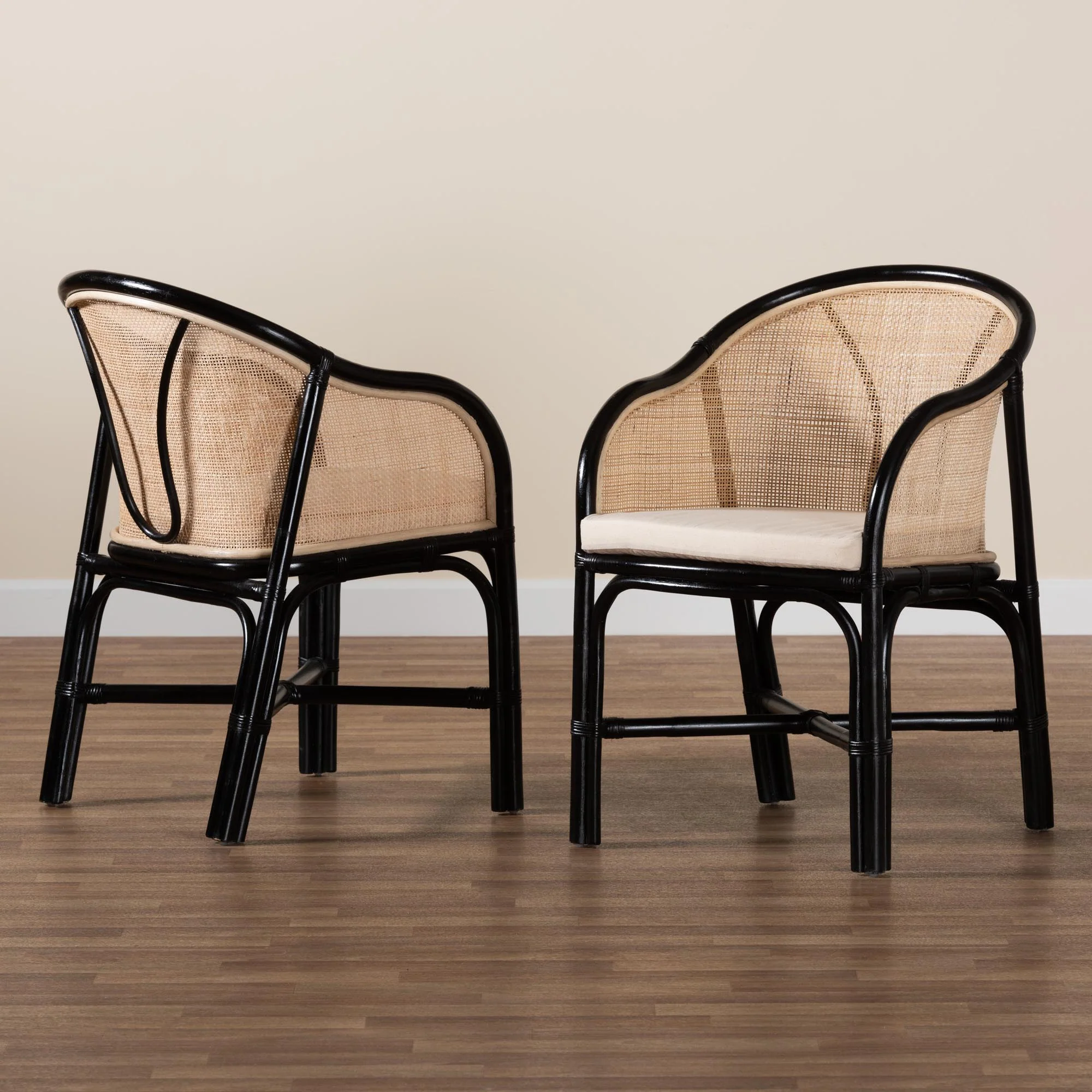 Baxton Studio bali & pari Miranda Modern Bohemian Two-Tone Black and Natural Brown Rattan 2-Piece Dining Chair Set - Image 9