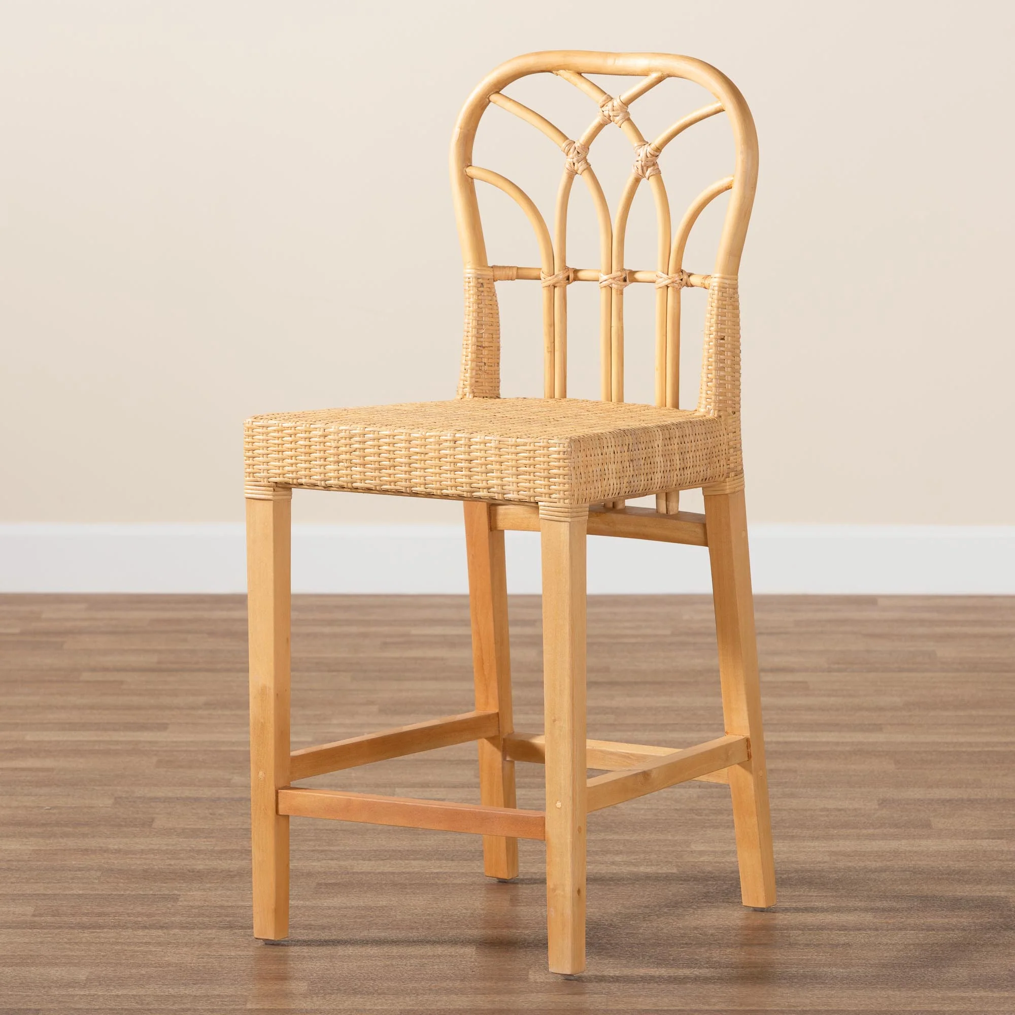 Baxton Studio bali & pari Monaco Modern Bohemian Natural Rattan and Mahogany Wood Counter Stool - Image 9