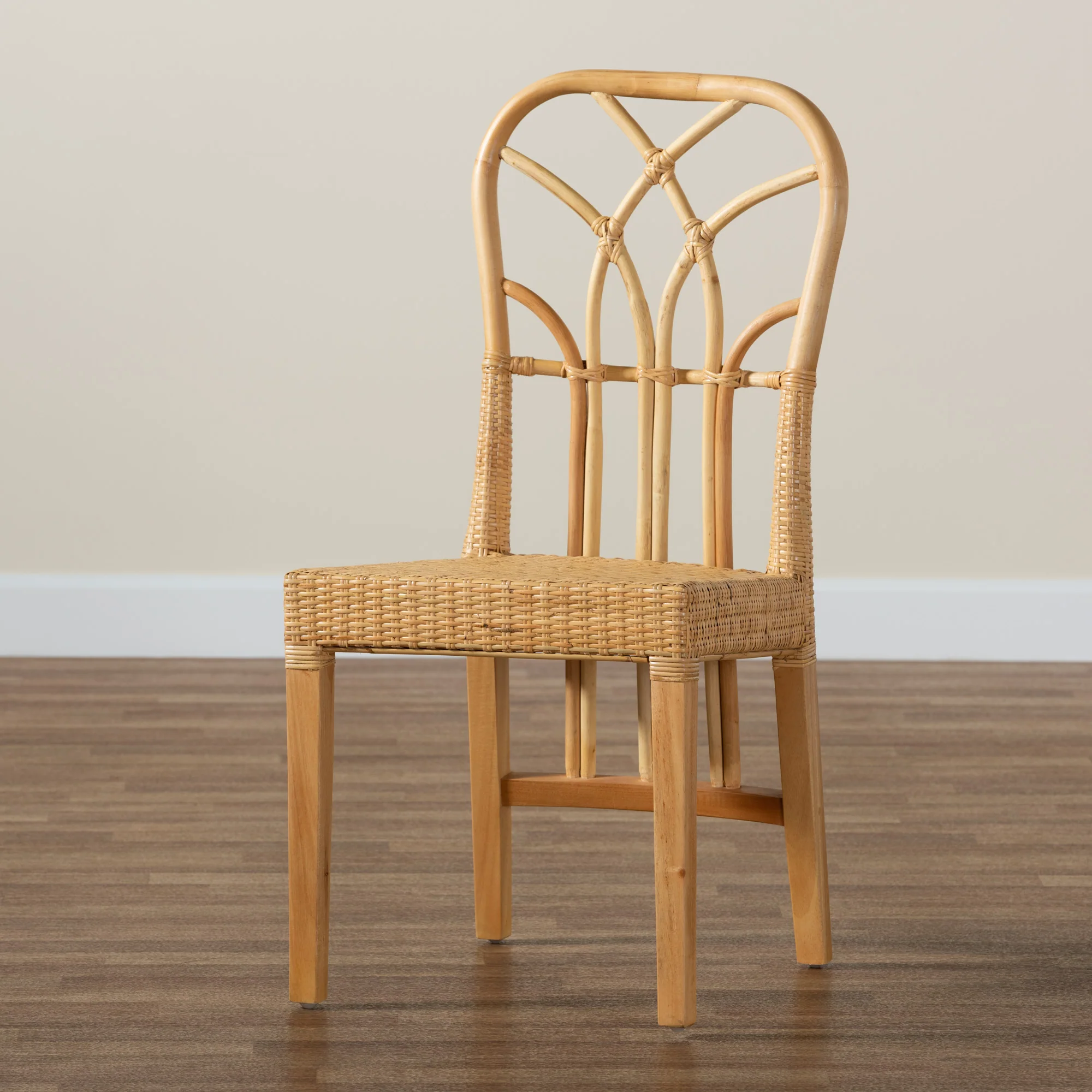 Baxton Studio bali & pari Monaco Modern Bohemian Oak Brown Finished Mahogany Wood and Natural Rattan Dining Chair - Image 9