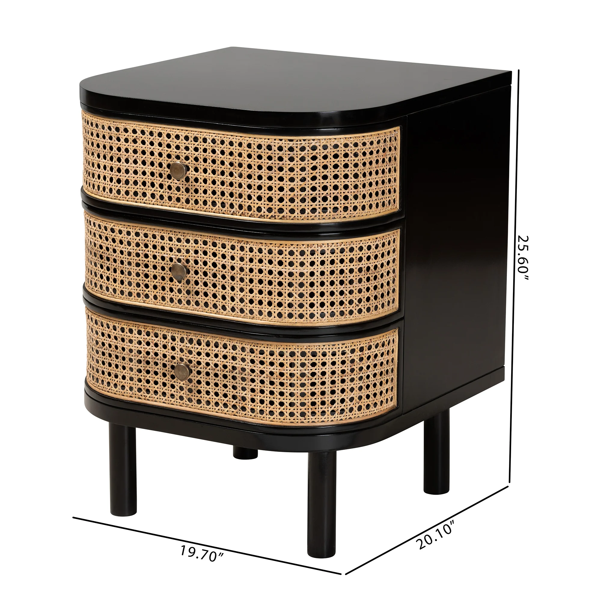 Baxton Studio bali & pari Nabila Modern Bohemian Black Bayur Wood and Natural Rattan 3-Drawer End Table Nightstand - Image 10