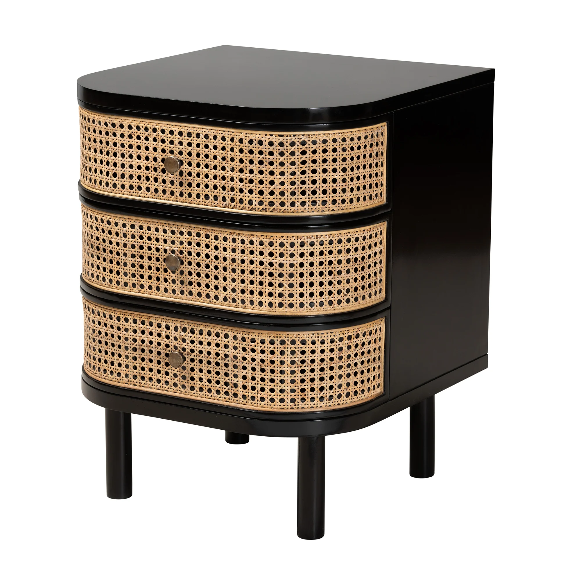 Baxton Studio bali & pari Nabila Modern Bohemian Black Bayur Wood and Natural Rattan 3-Drawer End Table Nightstand - Image 2