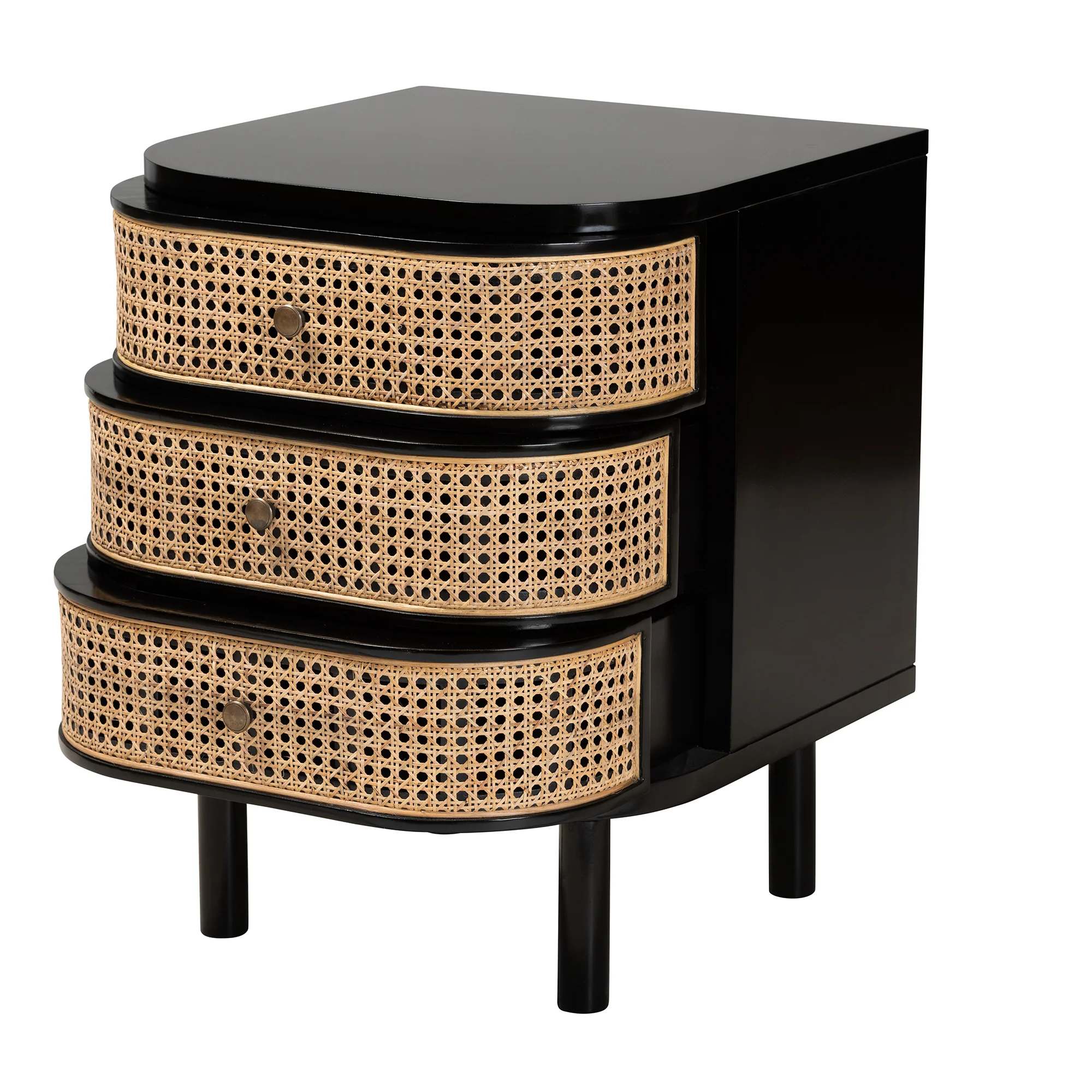Baxton Studio bali & pari Nabila Modern Bohemian Black Bayur Wood and Natural Rattan 3-Drawer End Table Nightstand - Image 3