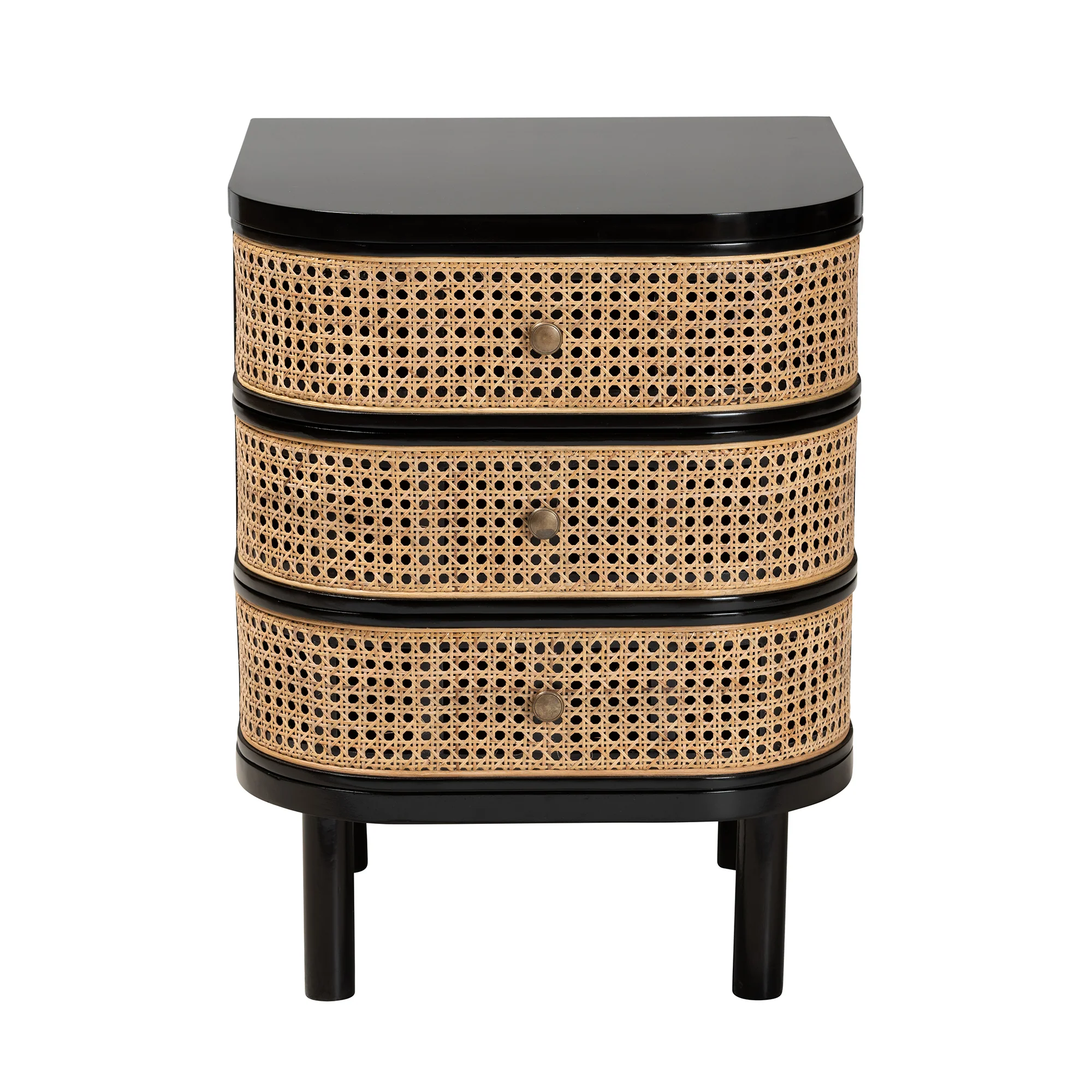 Baxton Studio bali & pari Nabila Modern Bohemian Black Bayur Wood and Natural Rattan 3-Drawer End Table Nightstand - Image 4
