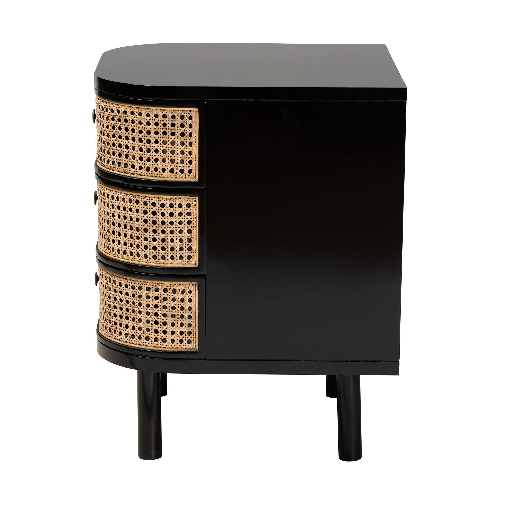 Baxton Studio bali & pari Nabila Modern Bohemian Black Bayur Wood and Natural Rattan 3-Drawer End Table Nightstand - Image 5