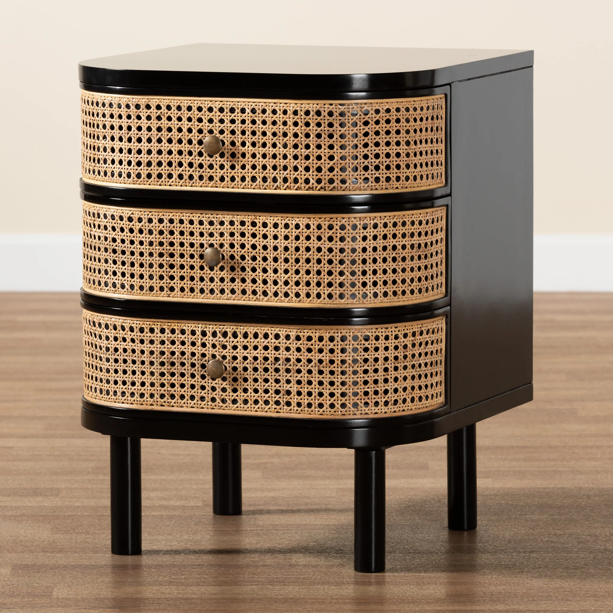 Baxton Studio bali & pari Nabila Modern Bohemian Black Bayur Wood and Natural Rattan 3-Drawer End Table Nightstand - Image 9